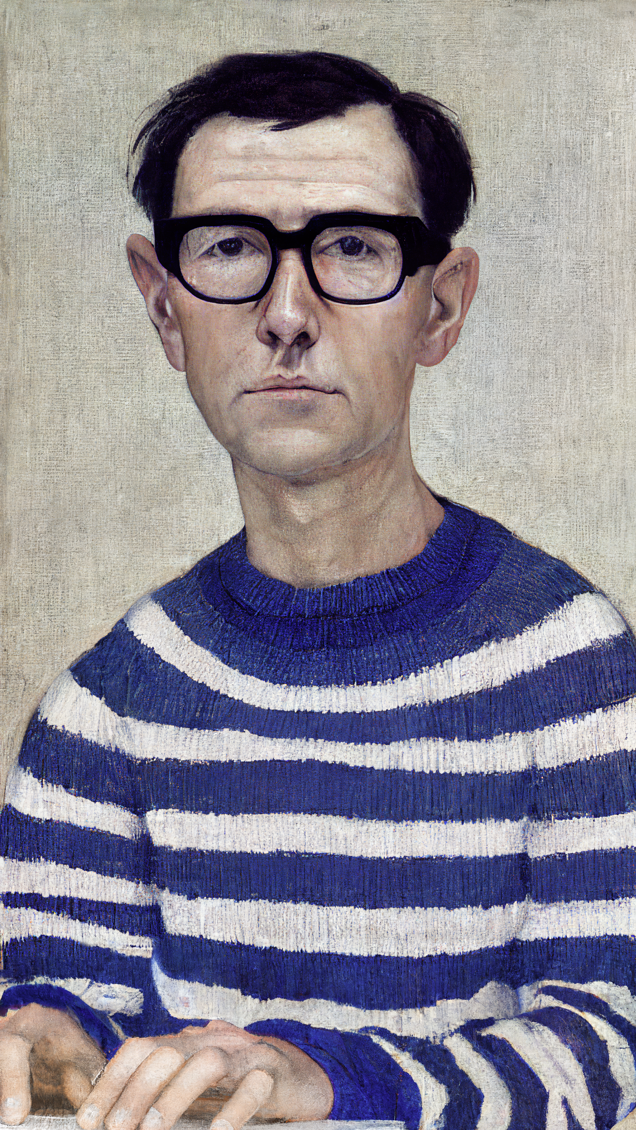 "Portrait of a man (75 years old) in a horizontally blue-white thinly-striped french breton jumper wearing square square square cornered rectangular black rim designer glasses and greying short straight hair parting hairstyle, oil on canvas (1991)" by Mario Klingemann