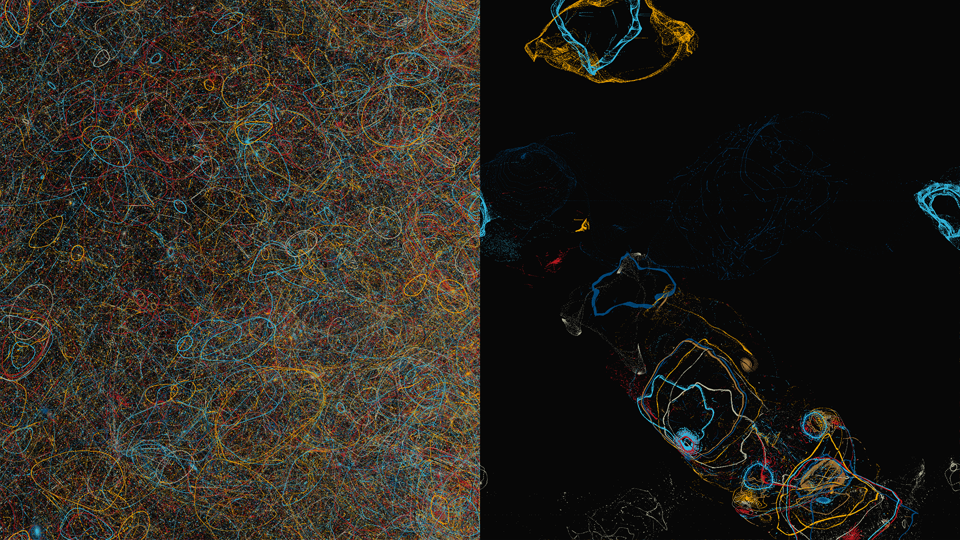 As with many things in life, a combination of stubbornness and luck is part of the secret recipe. Left, the initial attempts with the triple pendulum. Right, some of the first sights of what later became "The Cosmic Soup".