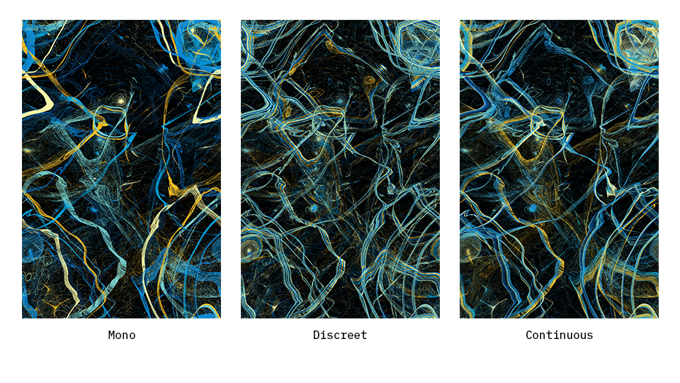 Same seed with different color modes, using controlled amounts of color in each case.