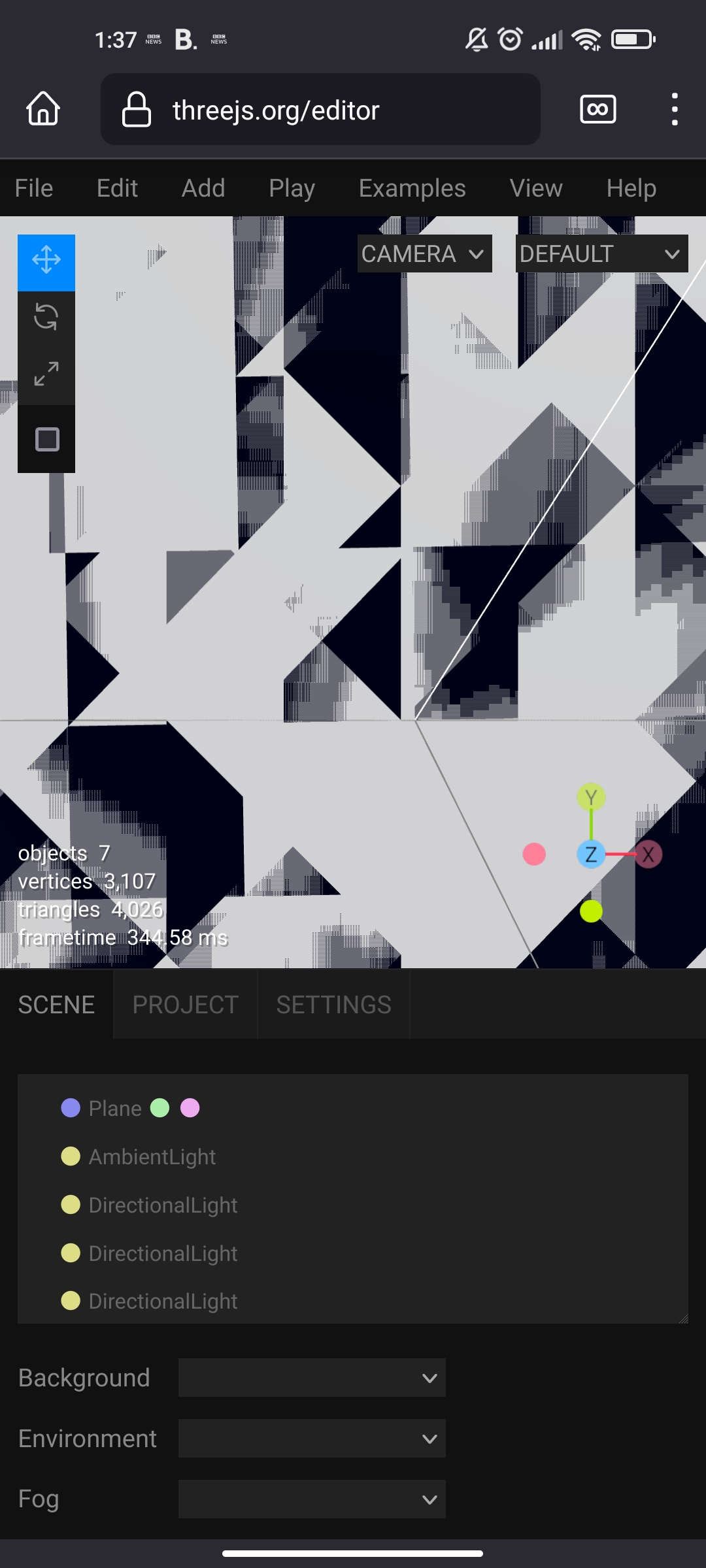 first sketches of serendipity vs consequence using the threejs editor on a mobile phone