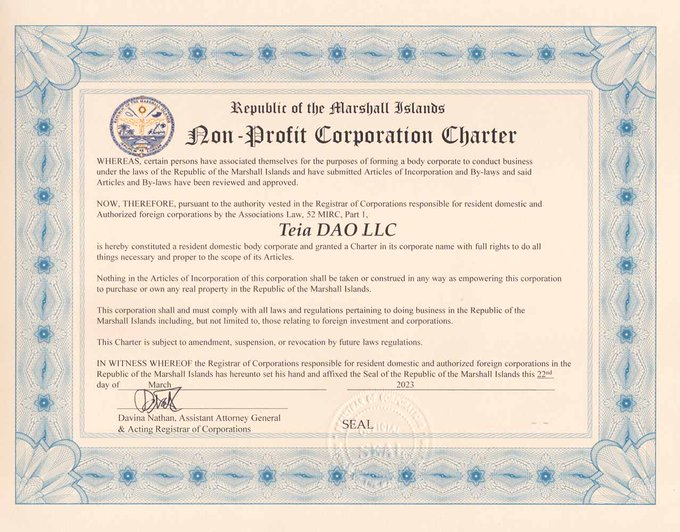 The Teia DAO's governance is validated (legally and operationally) by its status as a non-profit LLC. Marshall Islands was chosen as the location to incorporate as a compromise between the members who are spread out all over the world.