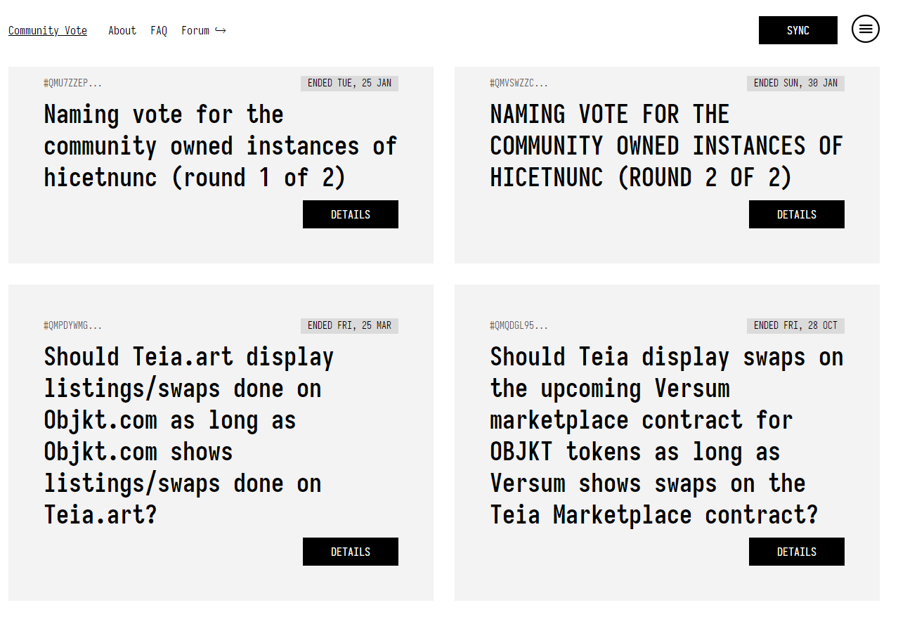 Teia's first proposals since its formation in March 2022, which includes the decision to use the title "Teia". Decentralized decision making has always been part of the ethos of the community. [https://vote.teia.art/past-votes]