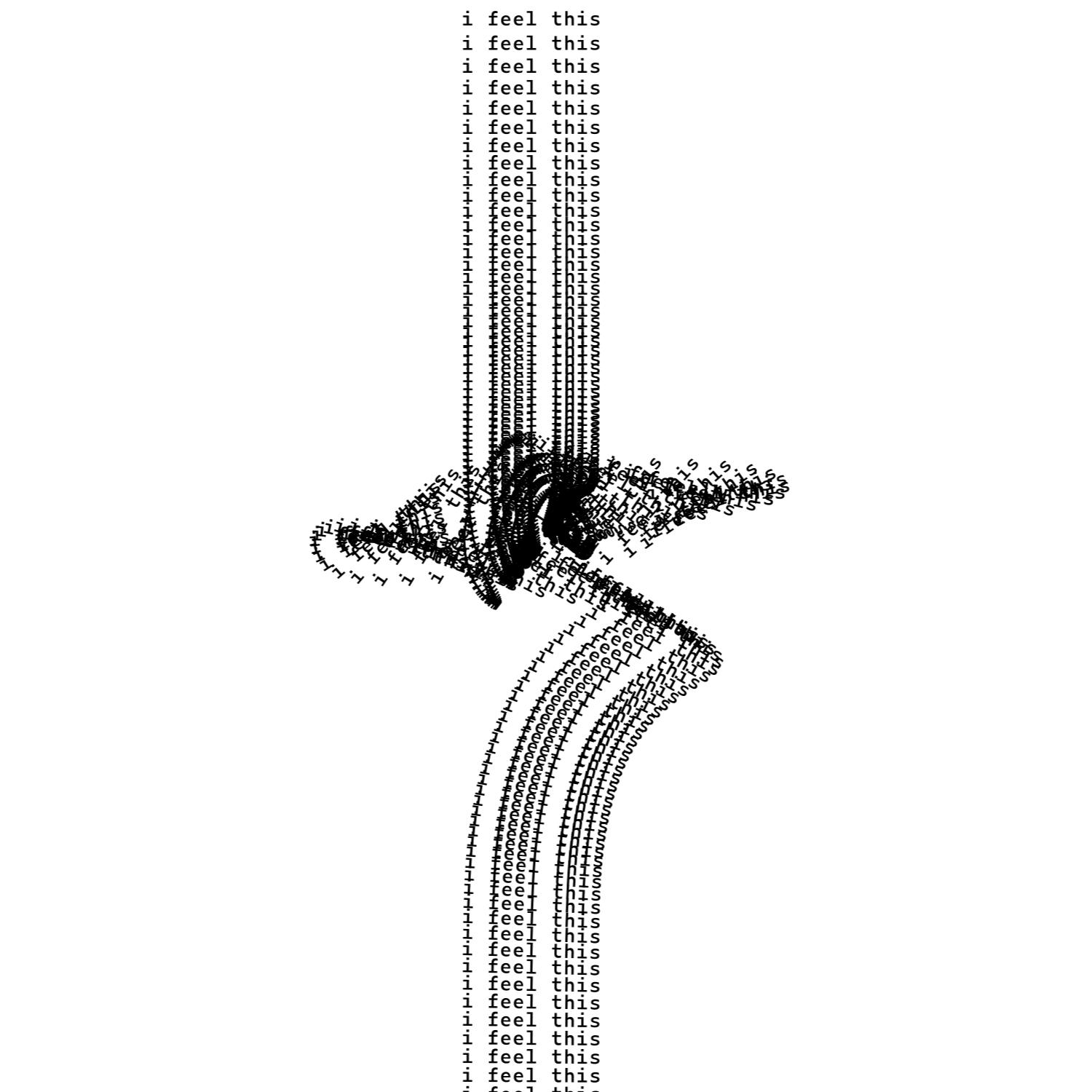 "the bends" by merchant_coppola, who also is a Teia DAO member as well as an visual poet and experimental text artist in the community. (Half of secondary royalties from this article will go to them as well - see below.) [https://teia.art/objkt/819419]