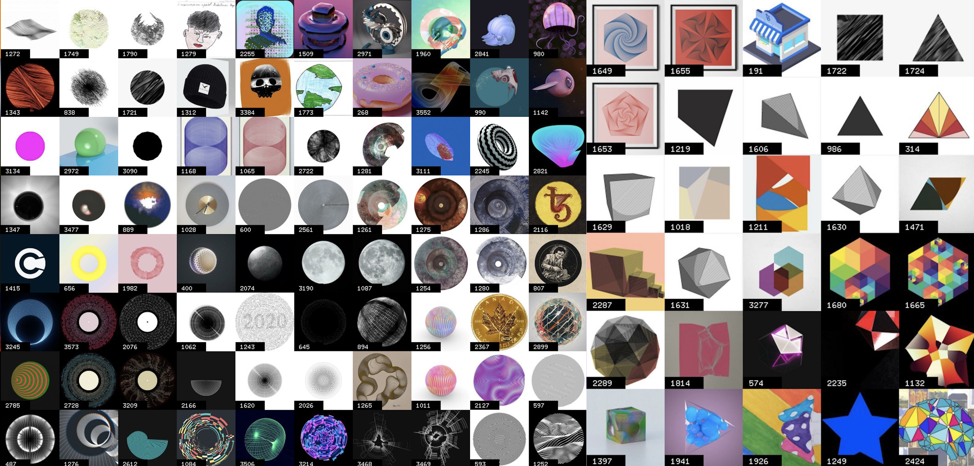 Cluster of early thumbnails from the Hic-Et-Nunc marketplace (generated by Marcin Ignac, based on TSNE algorithm and a scraper script from Mario Klingemann)
