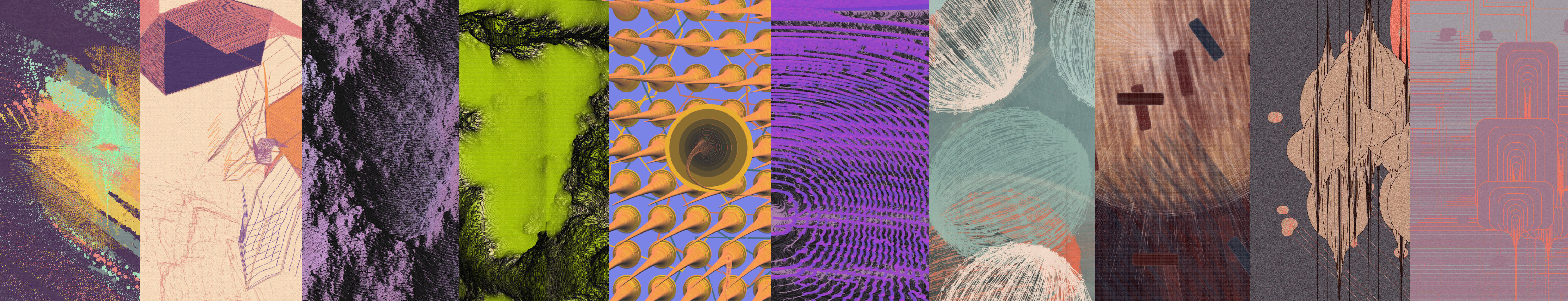 Collage of outputs of Pxlshrd's projects, from "Greetings From Habitable Zones" (right) to "Limbic Vortex" (left)