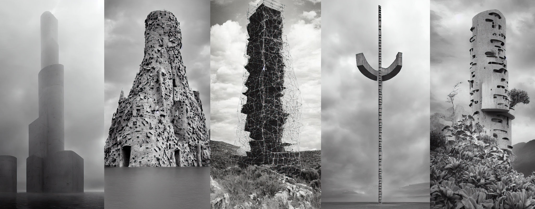 Collage of outputs #0, #4, #89, #59 and #82 from "Tur" (from left to right)