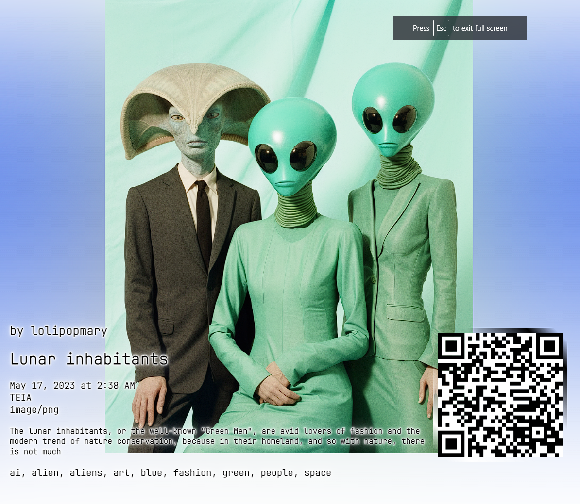 teia.cafe will generate a template of each work in this way, with its own built-in QR code and relevant info. Next time, don't forget to wait until the full screen message goes away, though. 🤣