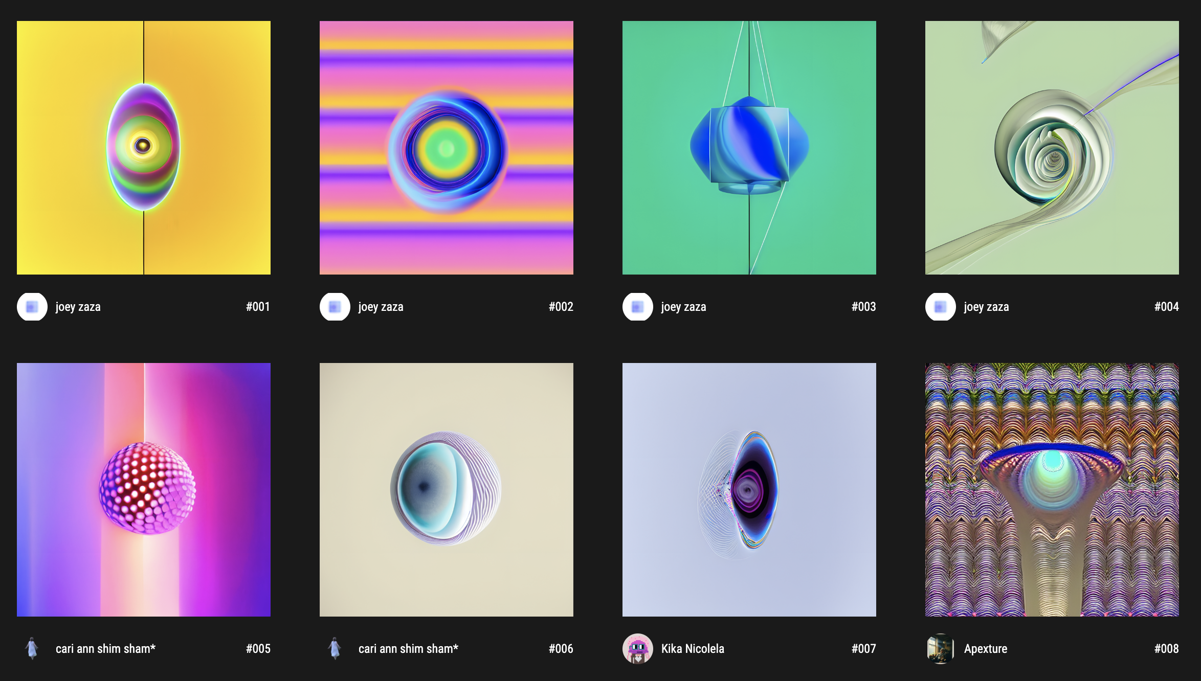 First eight outputs for Sixty-dimensional ether by joey zaza