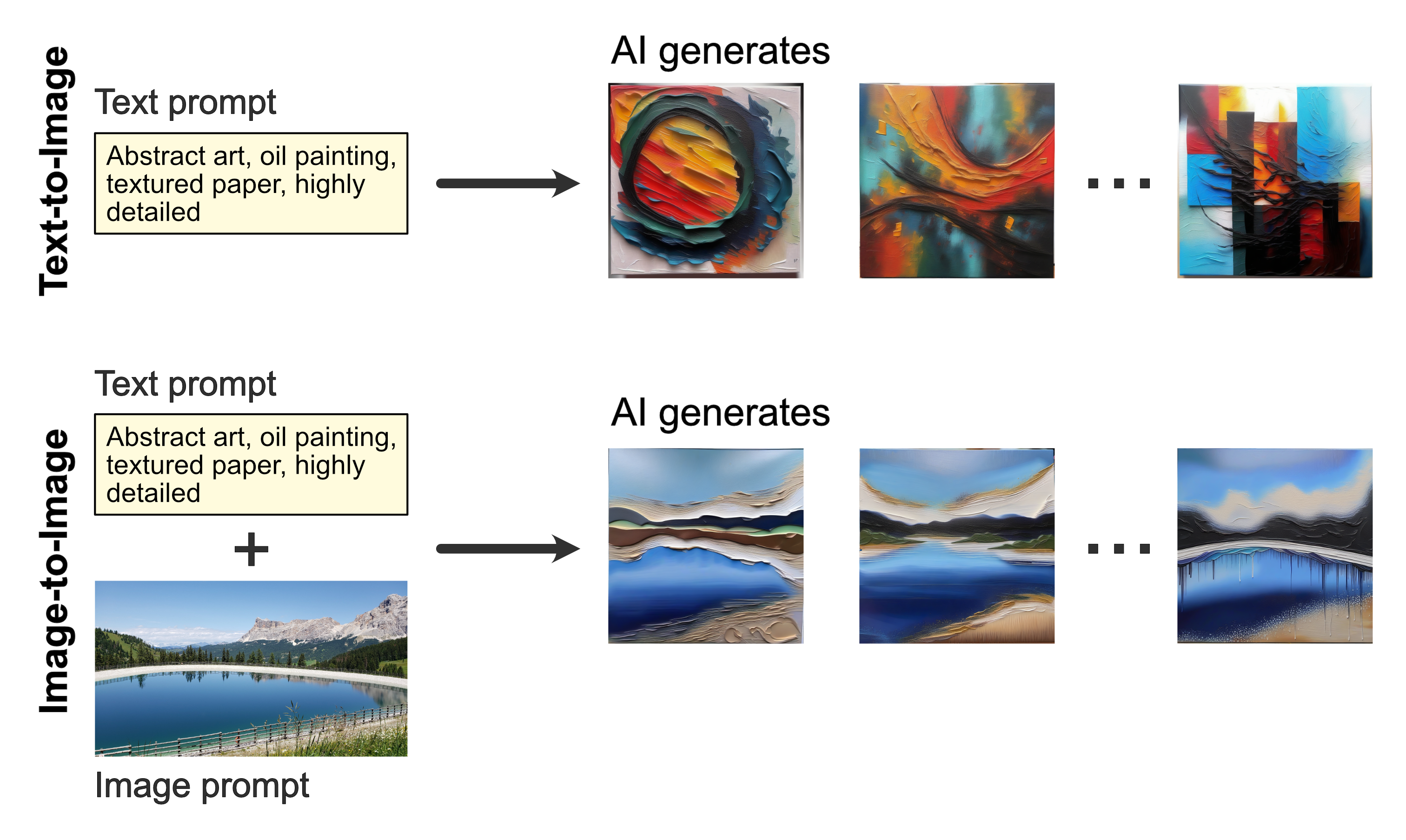 Test-to-image and image-to-image generation modes of generative diffusion models. (AI generated images were created with Stable Diffusion SDXL v1.0 on the EmProps OpenStudio platform.)