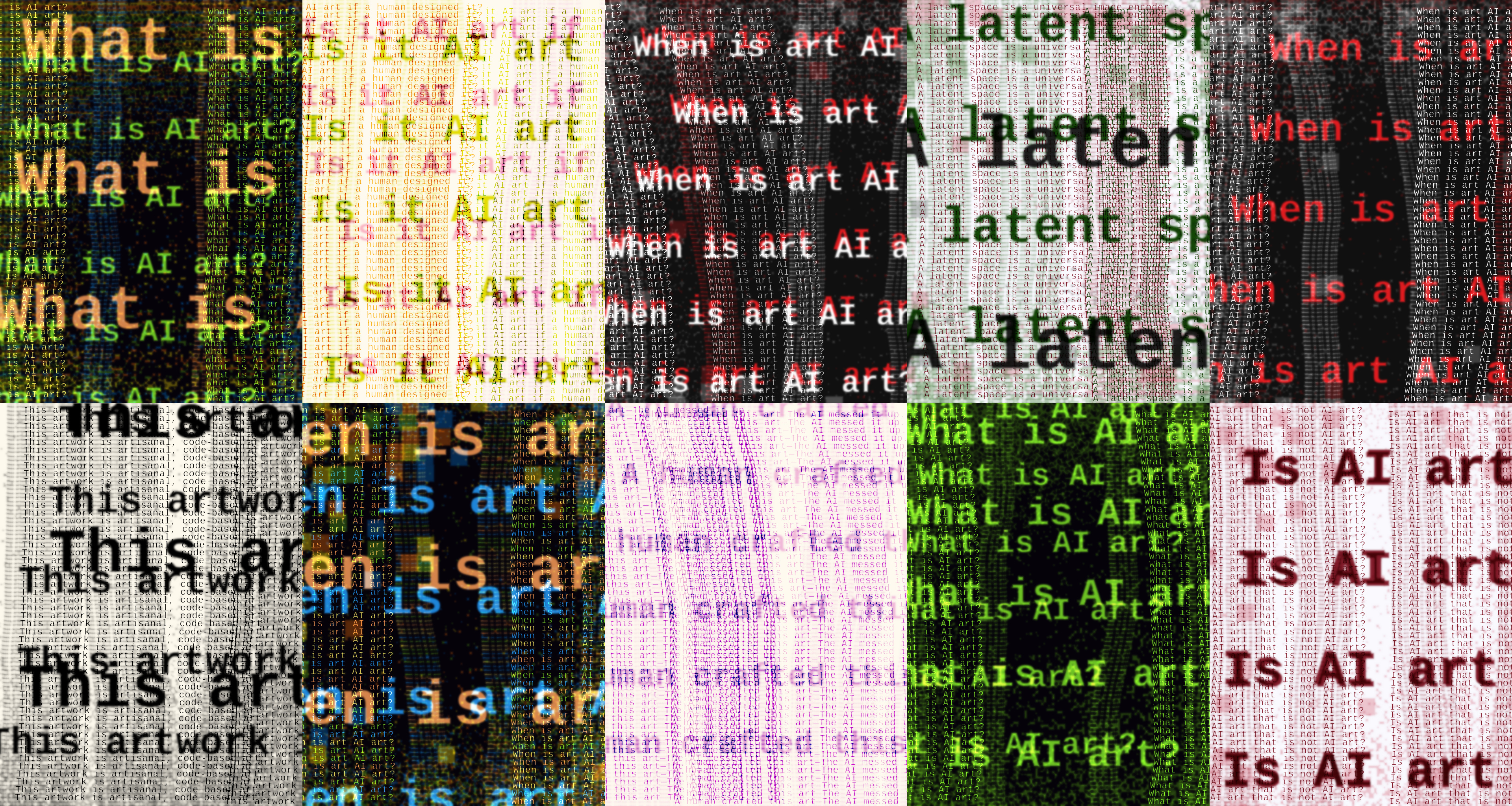 Ten example outputs of the p5.js code used in "Is it AI art if a human designed it?"