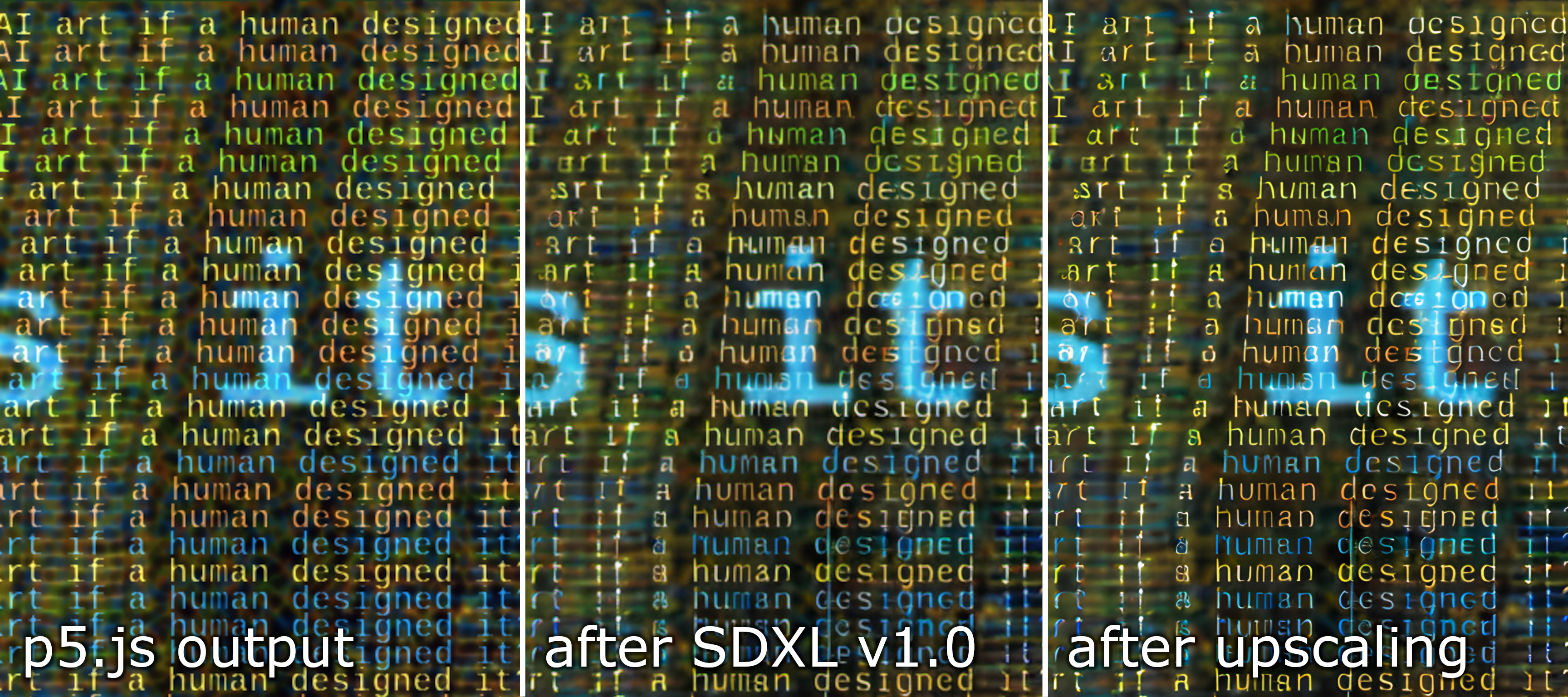 Zoomed-in comparison of p5.js output, Stable Diffusion output before upscaling (labeled SDXL v1.0), and the final output after upscaling. We can see that Stable Diffusion introduces substantial artifacts, mostly by deforming the small letters, whereas upscaling just tends to sharpen the image, which tends to amplify the visual appearance of the artifacts introduced by Stable Diffusion.
