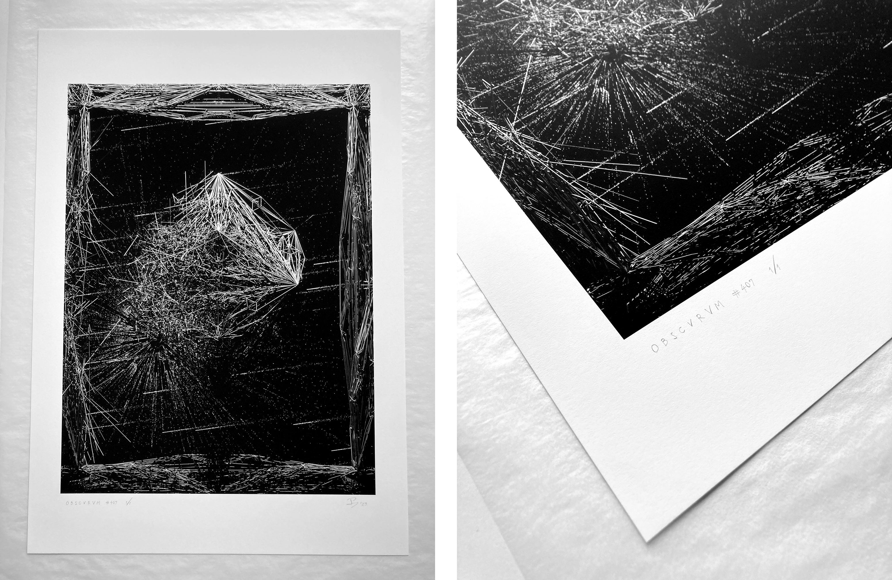 O B S C V R V M #407 in portrait dimension printed on archival paper (left), titled and signed with a pencil (right)
