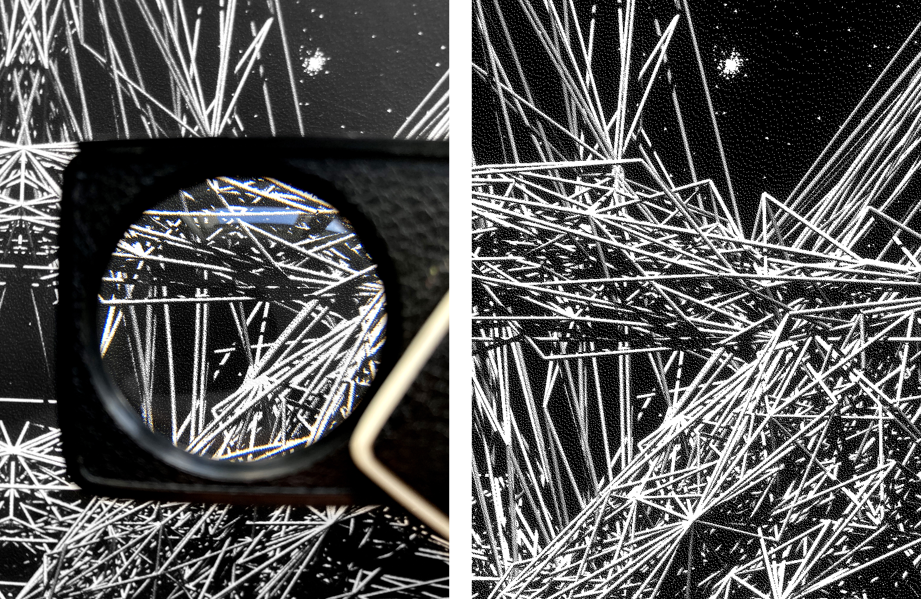 Each physical print (left) is exported directly from the digital artwork and post-processed with diffusion dither pattern which uses only pure black and white tones (digital image on the right)