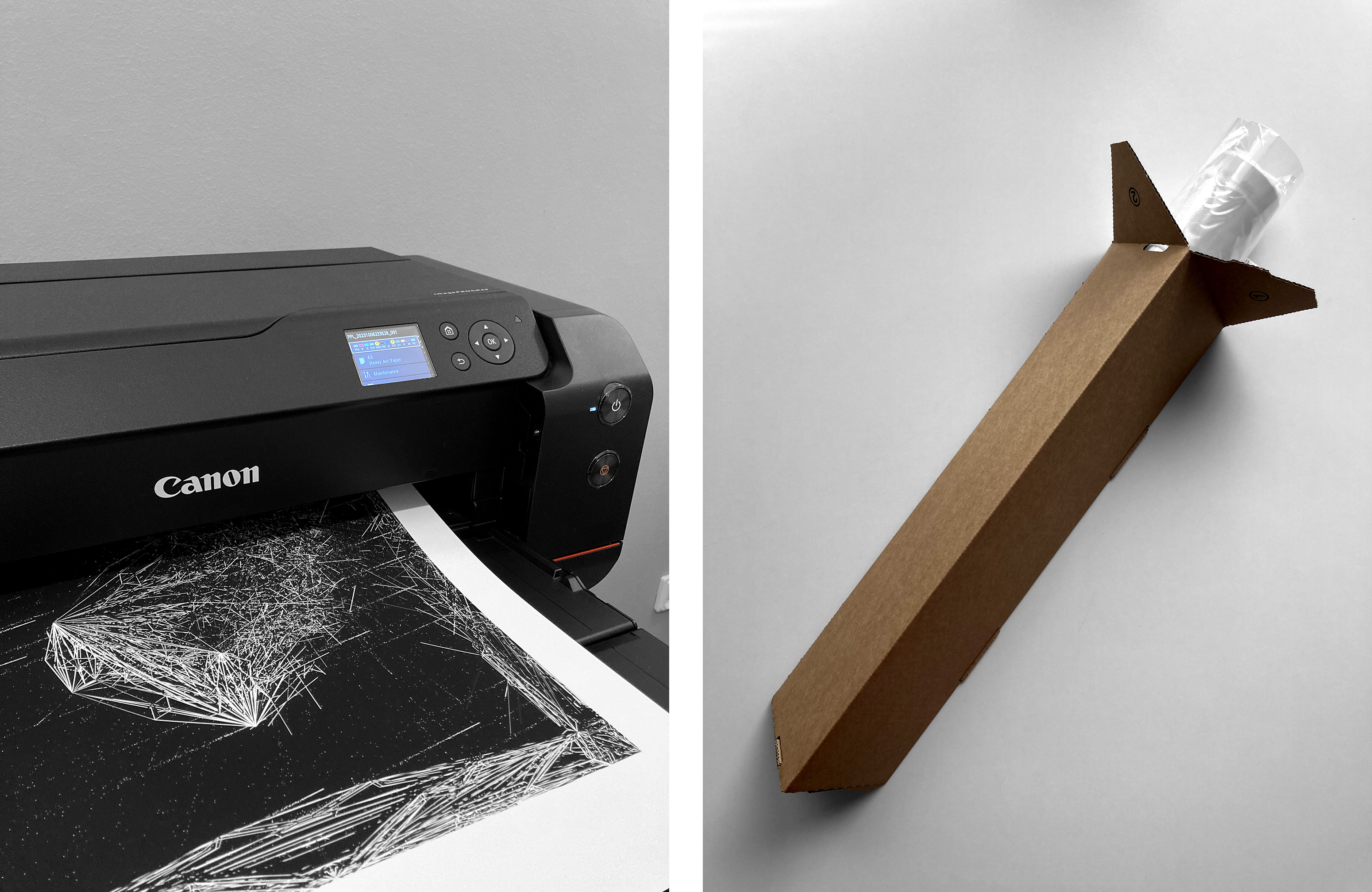 Each print is printed on Canon imagePROGRAF PRO-1000 with pigment-based ink on archival paper (left), then rolled with glassine paper inside a PP wrapping and a sturdy triangle cardboard tube for shipping (right)
