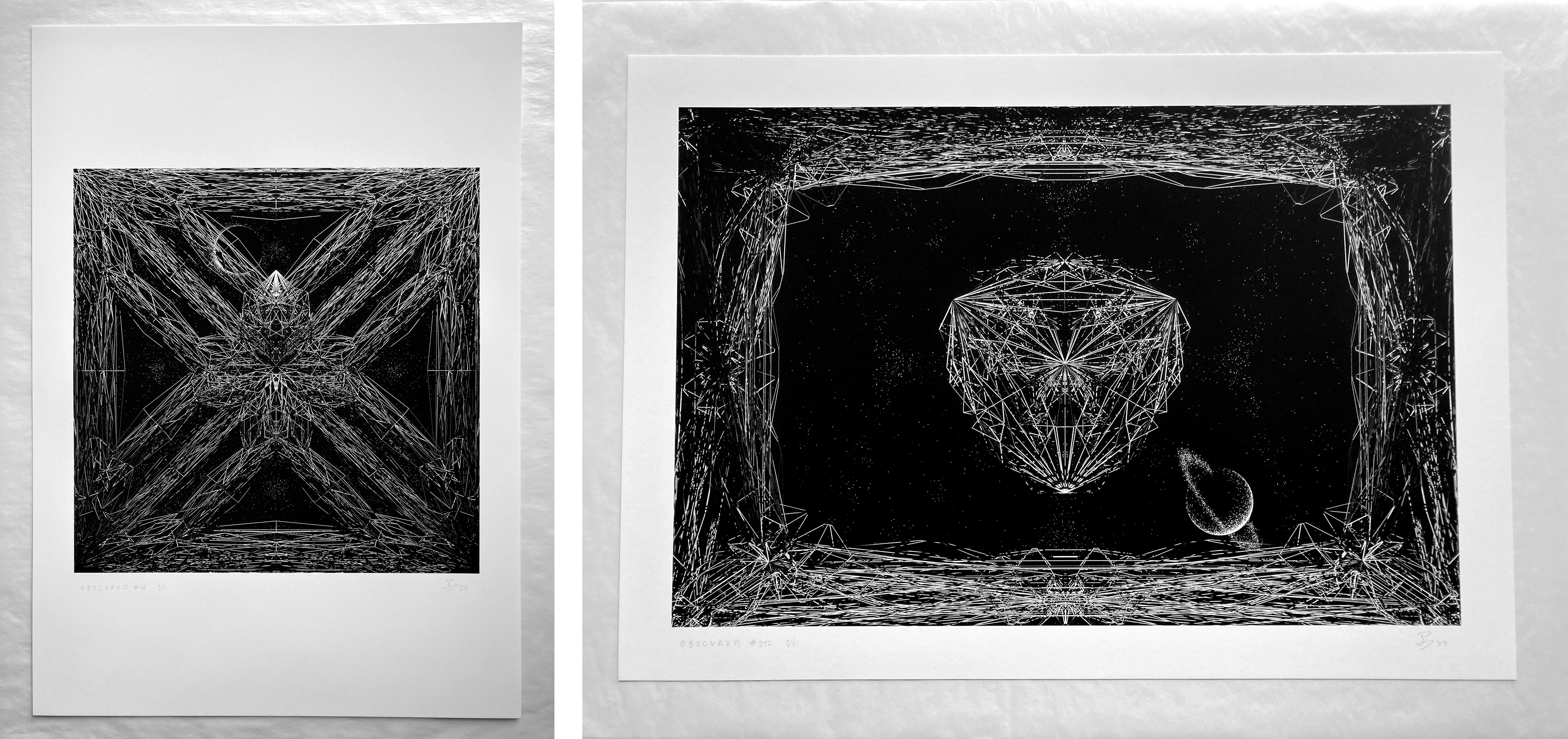 Test prints of O B S C V R V M #48 in square (left) and #212 in landscape dimension (right)