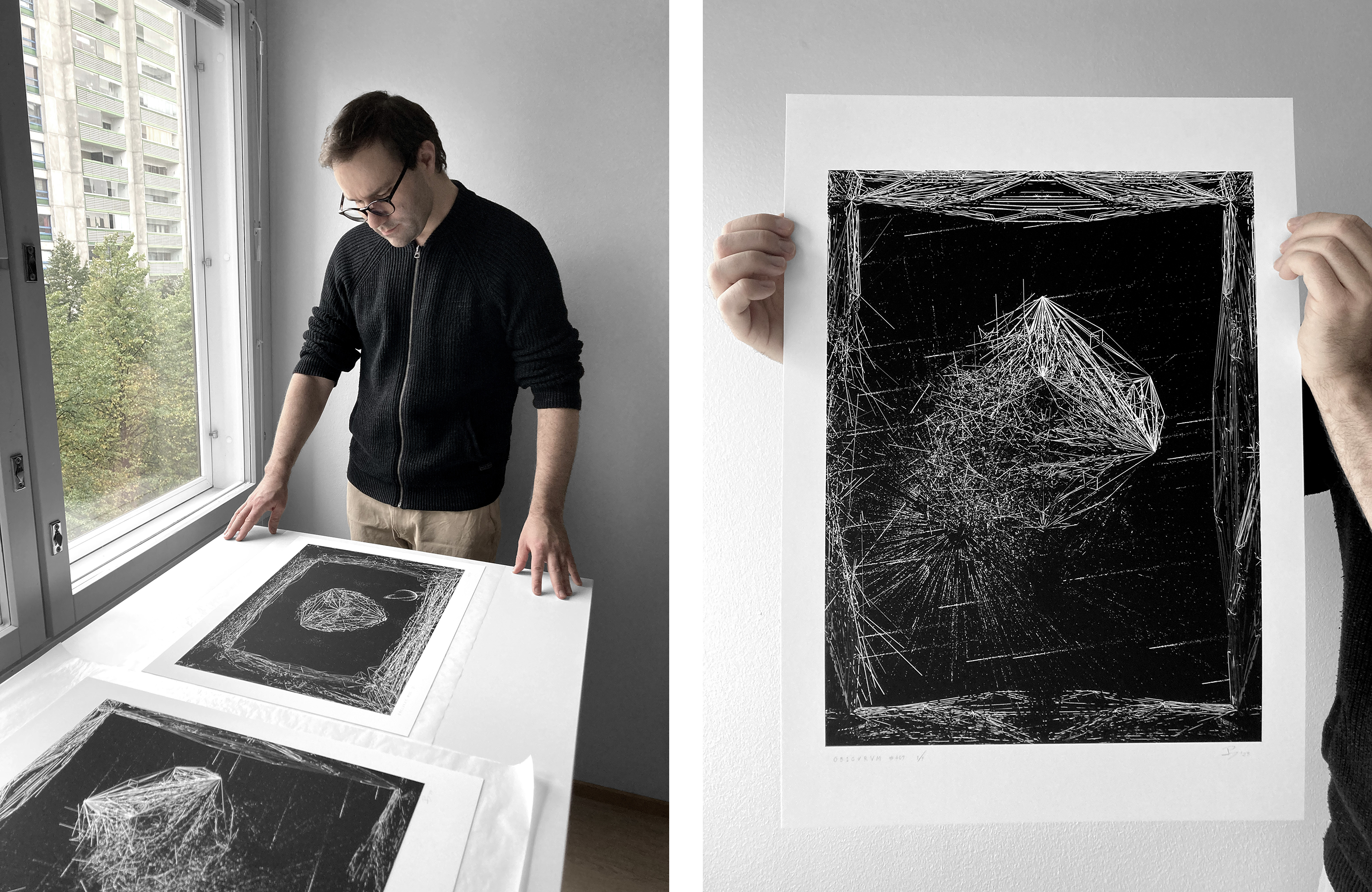 Luka examining newly produced prints in our Helsinki studio (left) and O B S C V R V M #407 in portrait dimension (right)