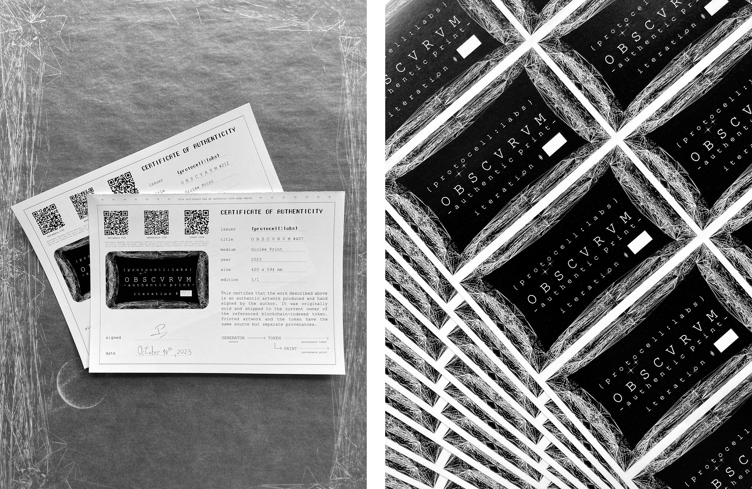 Certificates of authenticity (left) with custom labels are accompanying every print (peeled from a sheet on the right)