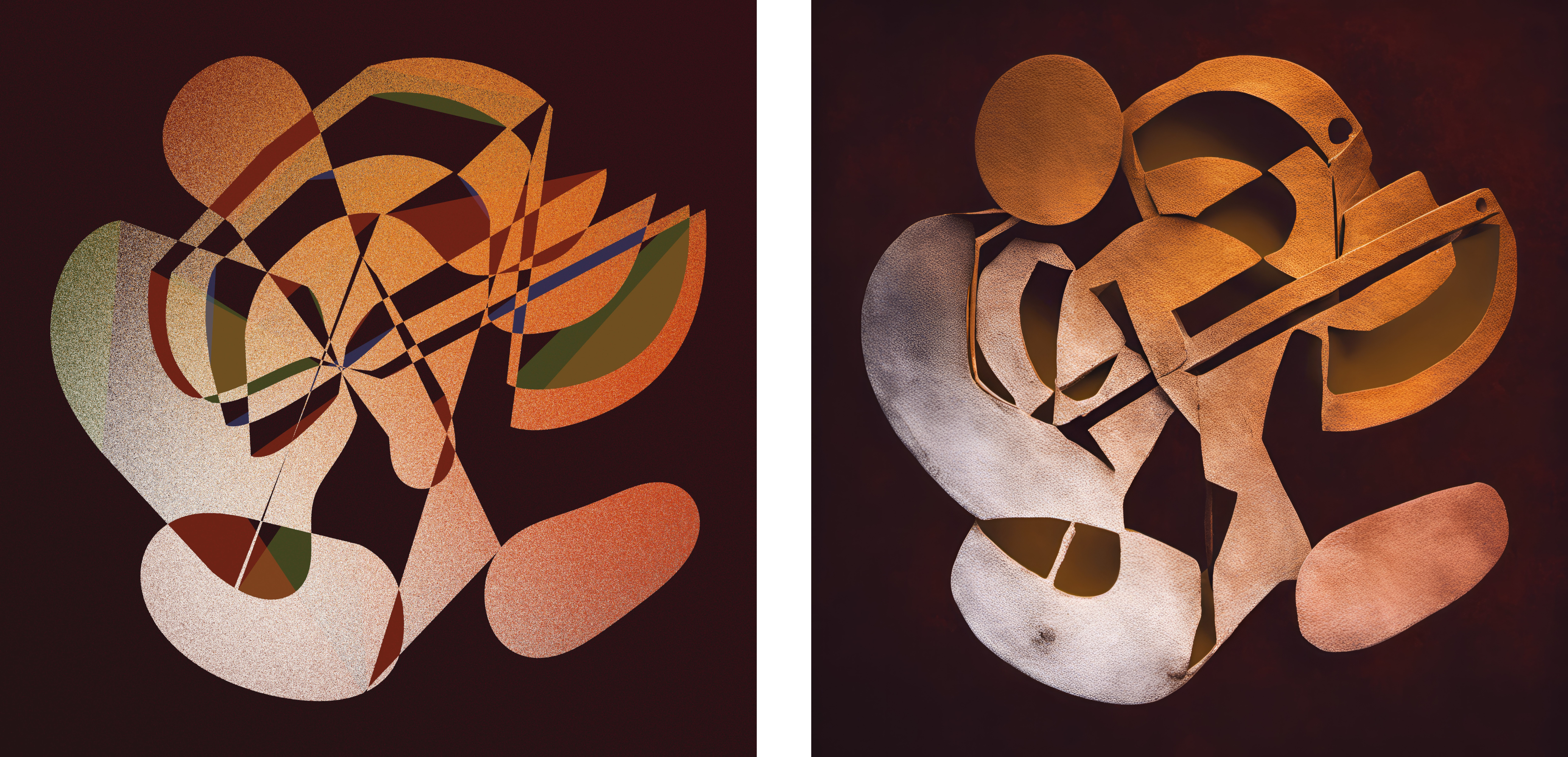 Left: "The Artifact #492", a generative artwork created by code written by Claus Wilke. Right: "AI Artifact #13", an AI re-imagination of the code-based output.
