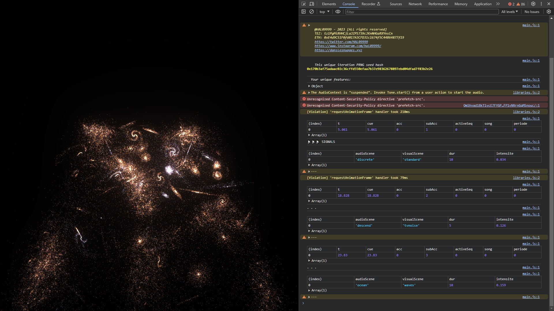 « Nature of Noise » generates audio and visual composition and outputs some details about its current state in the developer console of the browser.