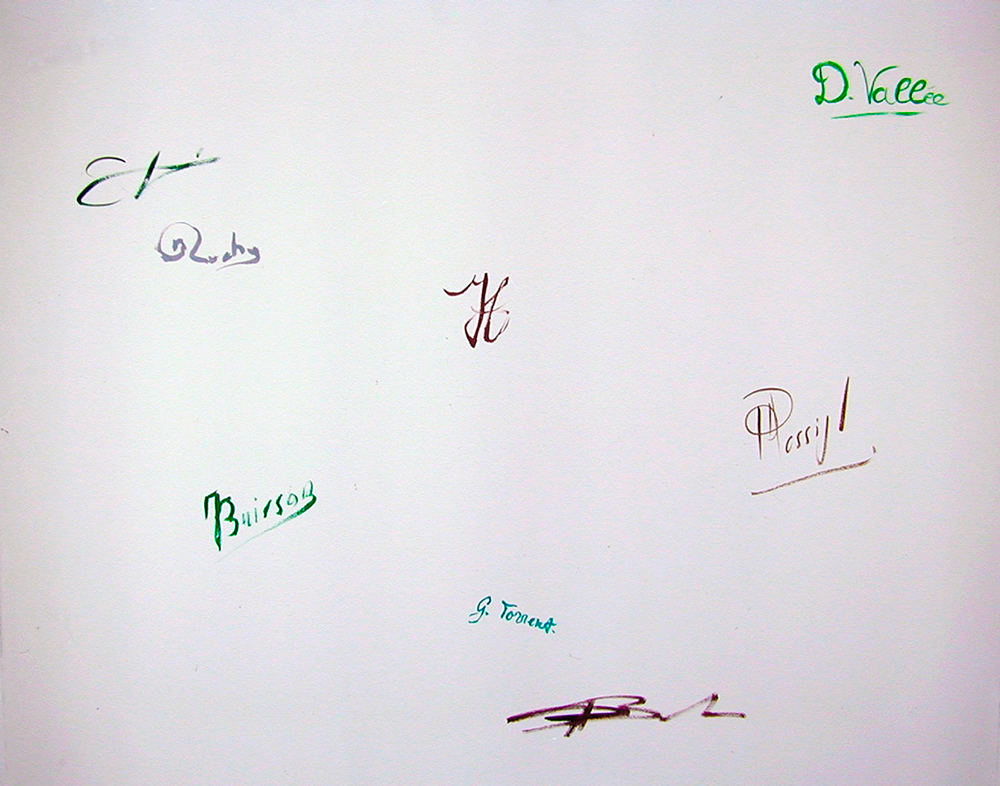 Composition paysagère no I, 1993 - Signatures of  Dominique Vallée, Marc Sapin, Bernard Roche, Louis Hameau, Patricia Rossignol, Jean-Paul Buisson, Gilles Torrent & Gérard Branche - acrylic on canvas – 72 x 90 cm.