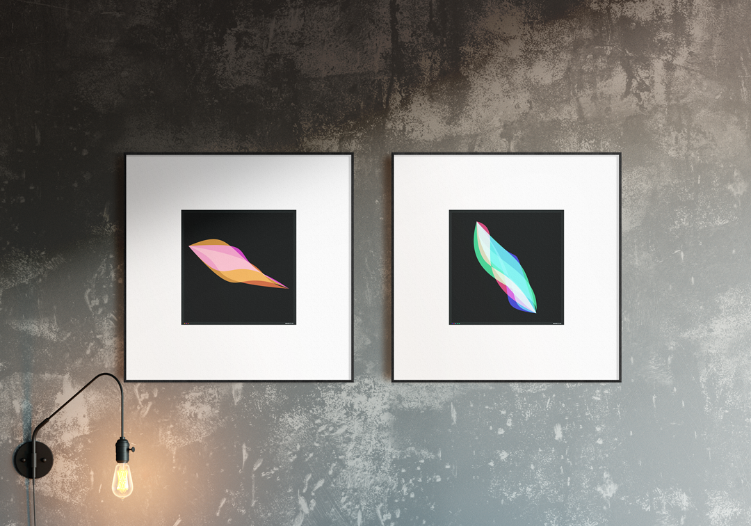 Two framed abstract artworks from the MARBLES series, featuring dynamic, colorful vane designs on a dark background.