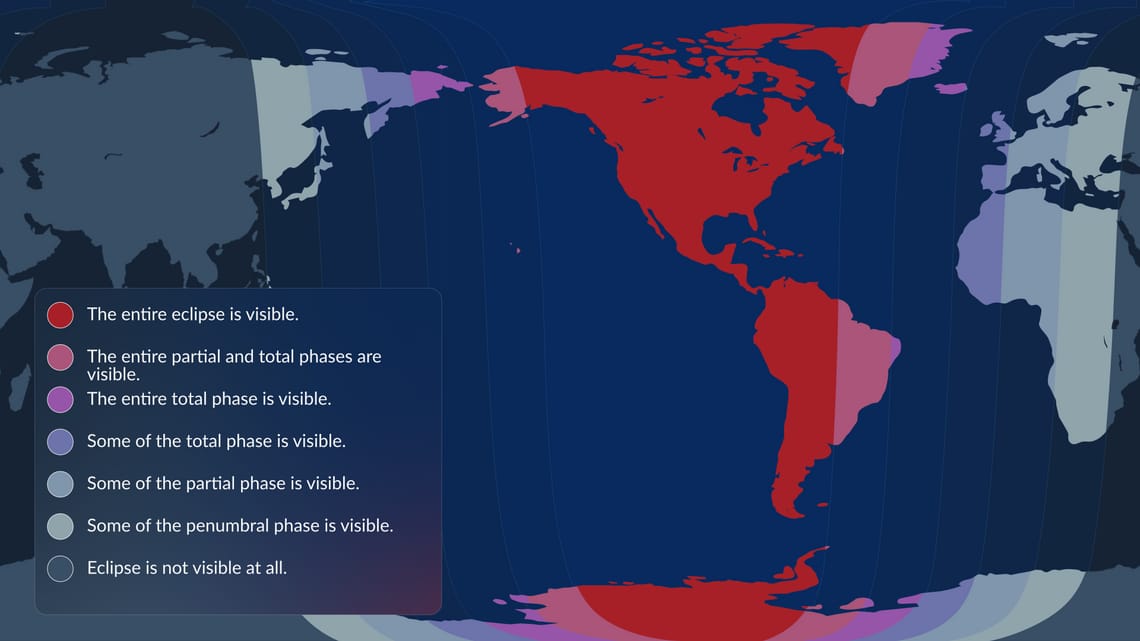 Visibility map for the total lunar eclipse on March 13-14, 2025 (Vito Technology, Inc.©)