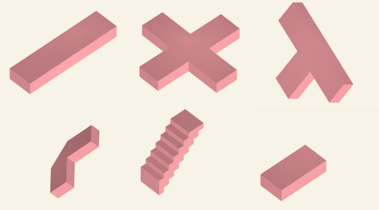 Each of the base "template" files. From upper left to lower right, the tiles are "road", "cross", "T", "bend", "stair" and "dead-end".