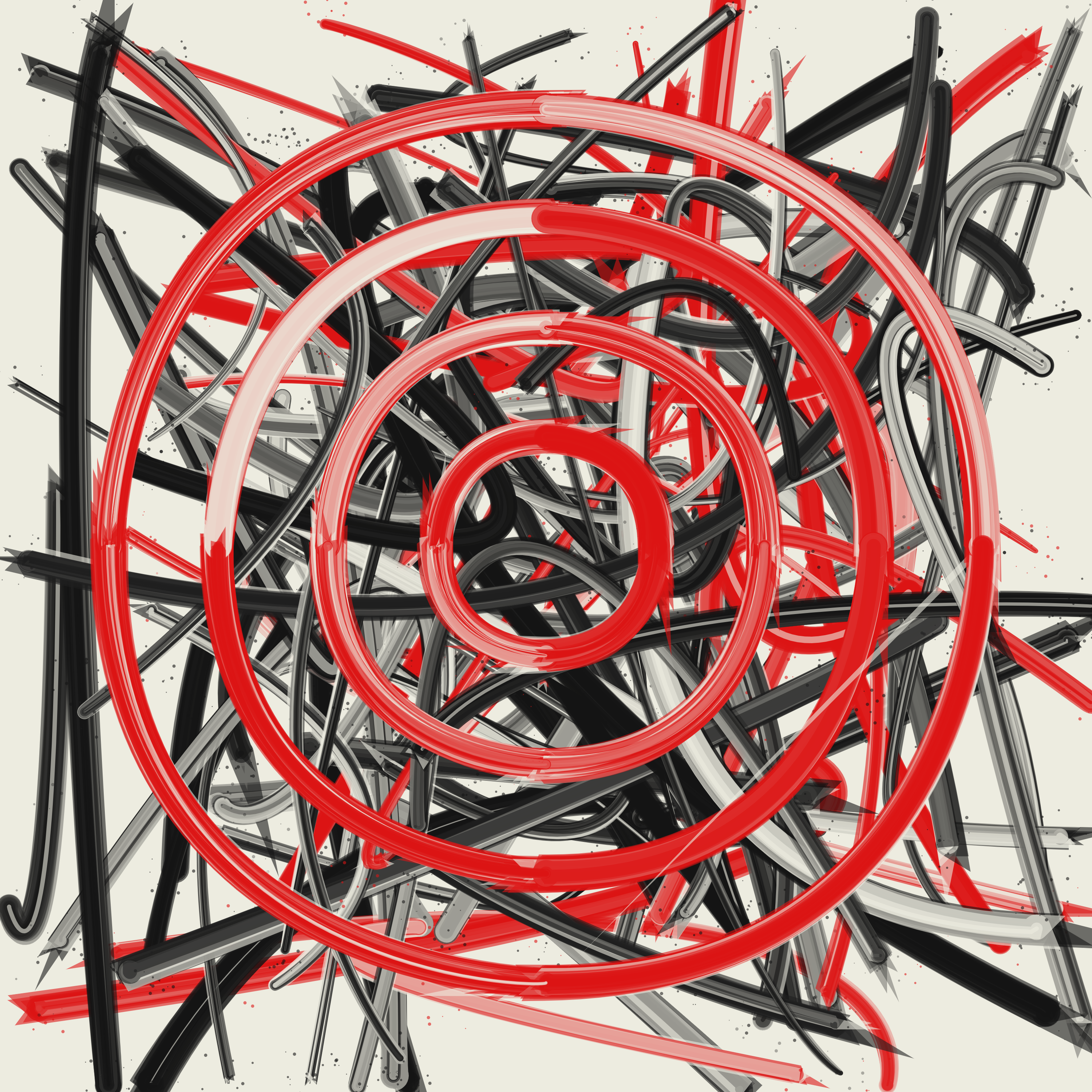 early output - can see glitch on lower right of the largest red circle, and spiked ends of curves.