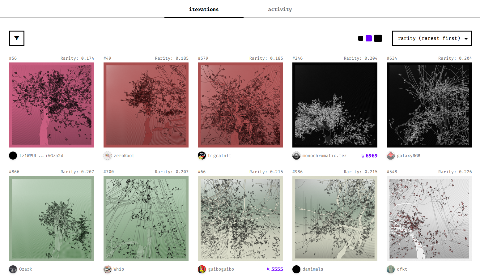 Screenshot of fx(hash) view of A Bugged Forest with "rarity (rarest first)" filter applied