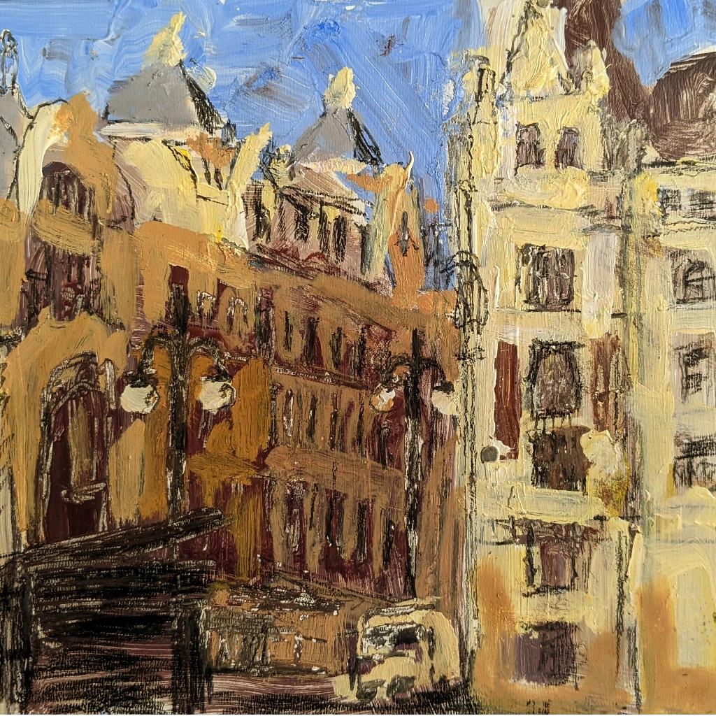 Prague, Czech Republic. Acrylic and graphite on panel by Robert Matheson. 2017.