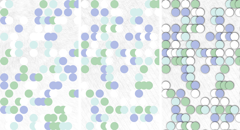 From left to right: grid with circles // adding dashed diagonal lines // adding shadows.