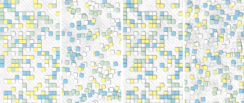 From left to right: regular grid // chaotic grid // regular grid + shifted strokes // chatic grid + shifted stroke. 