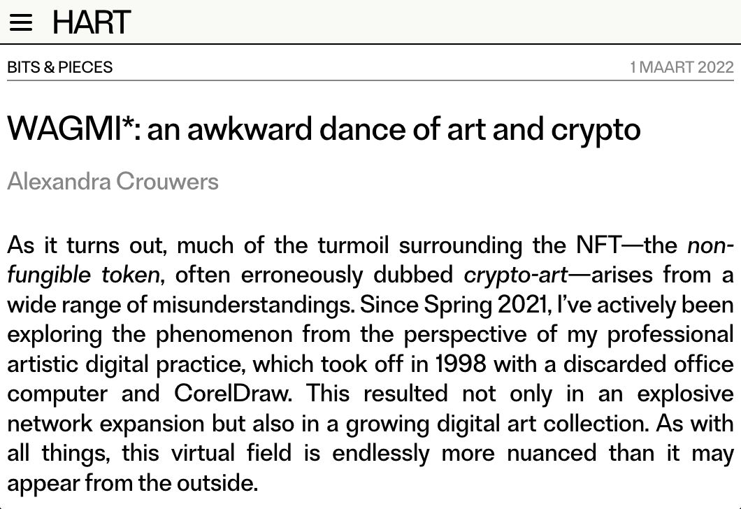 Screenshot of the online version of the article (https://hart-magazine.be/artikels/wagmi-an-awkward-dance-of-art-and-crypto). Originally accompanied by Lorna Mills' 'Cofveve': https://teia.art/objkt/110635