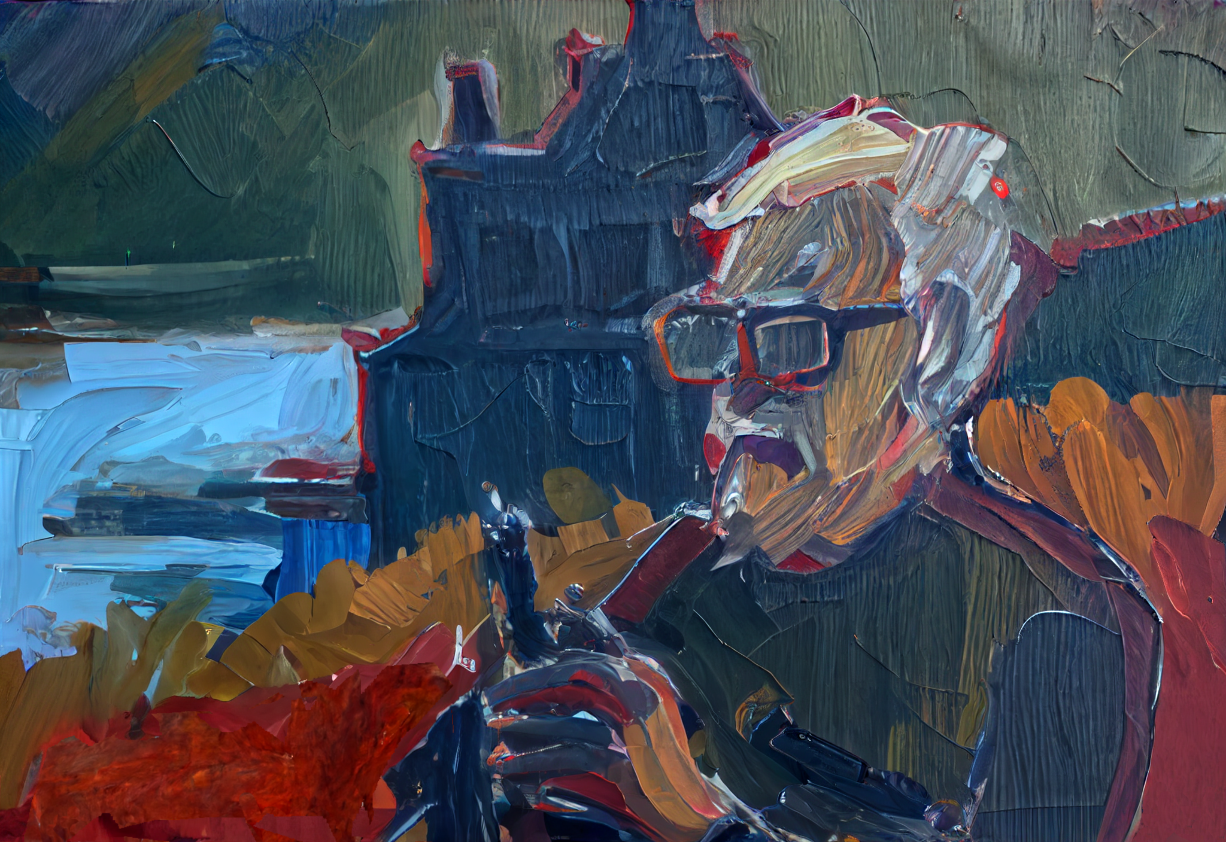 Derivative work of Henrik Schütze in front of Eilean Donan by Robert Matheson, assisted by Midjourney Ai V4.