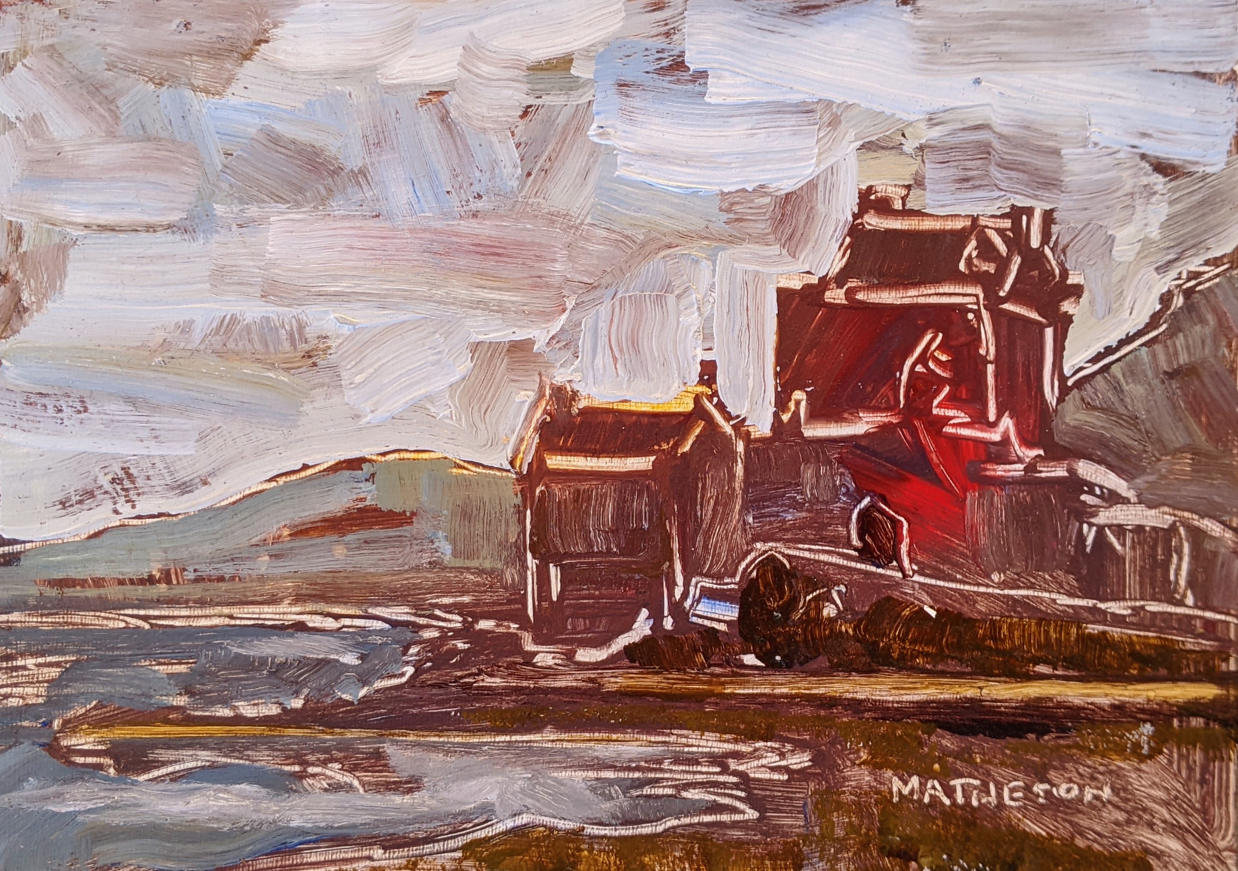 Eilean Donan plein air painting by Robert Matheson. https://objkt.com/asset/KT1BcrqcnxXJjuHNhyaXpLZaBsXVQs5r1bfe/2