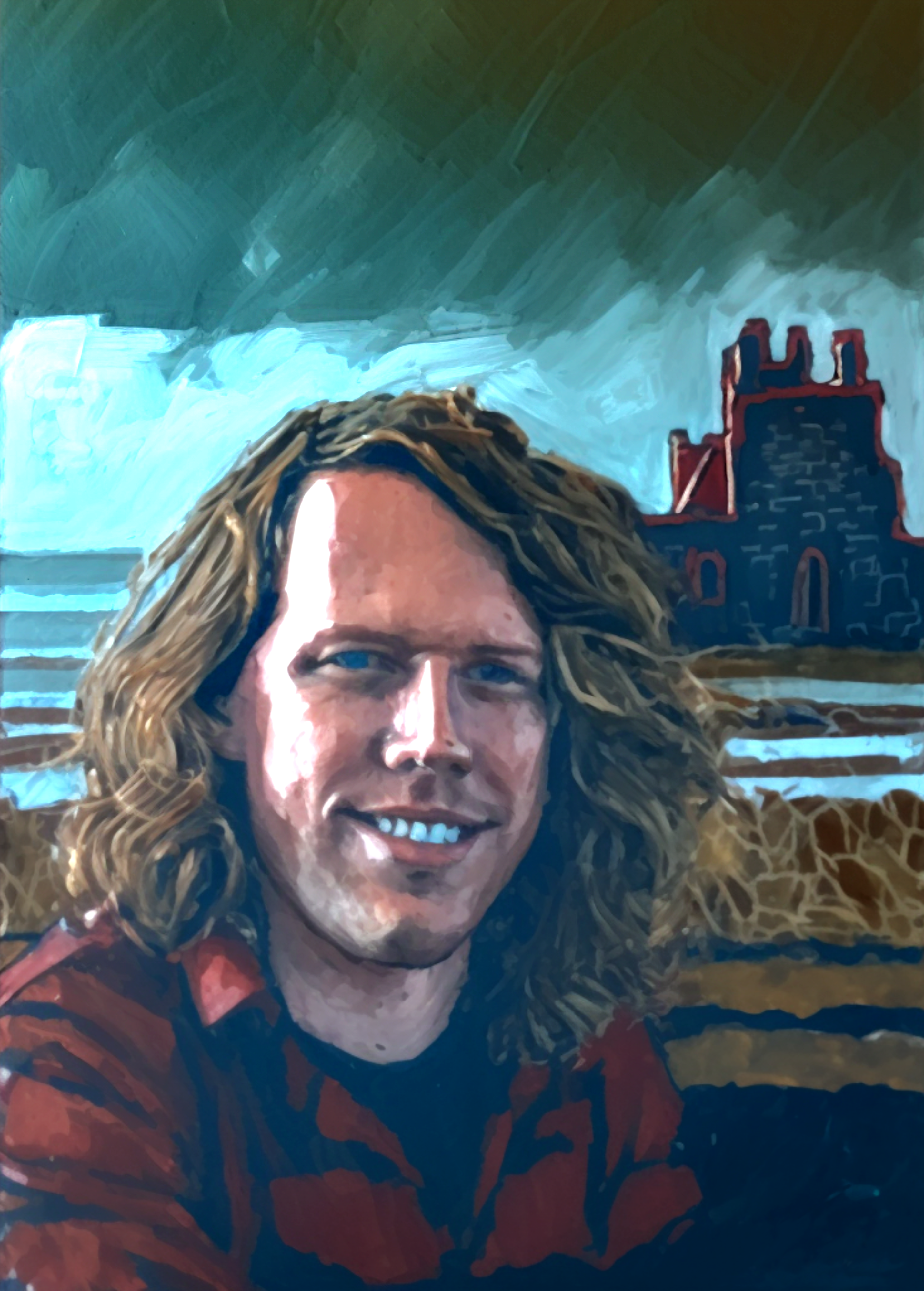 Imagined Self-portrait at Eilean Donan. Ai assisted painting based on original works by Robert Matheson. https://objkt.com/asset/KT1MtabaNiEMGkdwRqnbLYeaWoNPJkLBoUZA/96