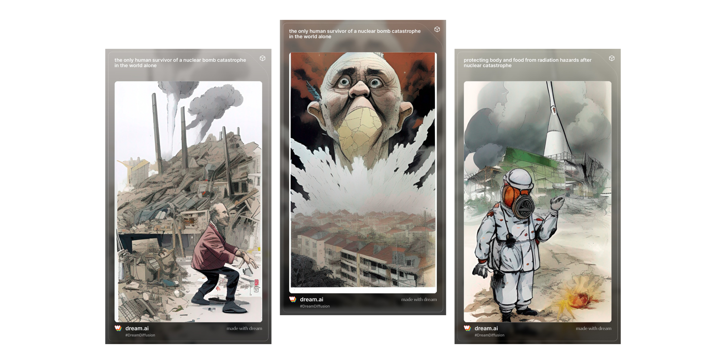 Humans who survived the nuclear blast. A series of illustrations generated by prompt AI. Co-created by me and AI with dream.ai
