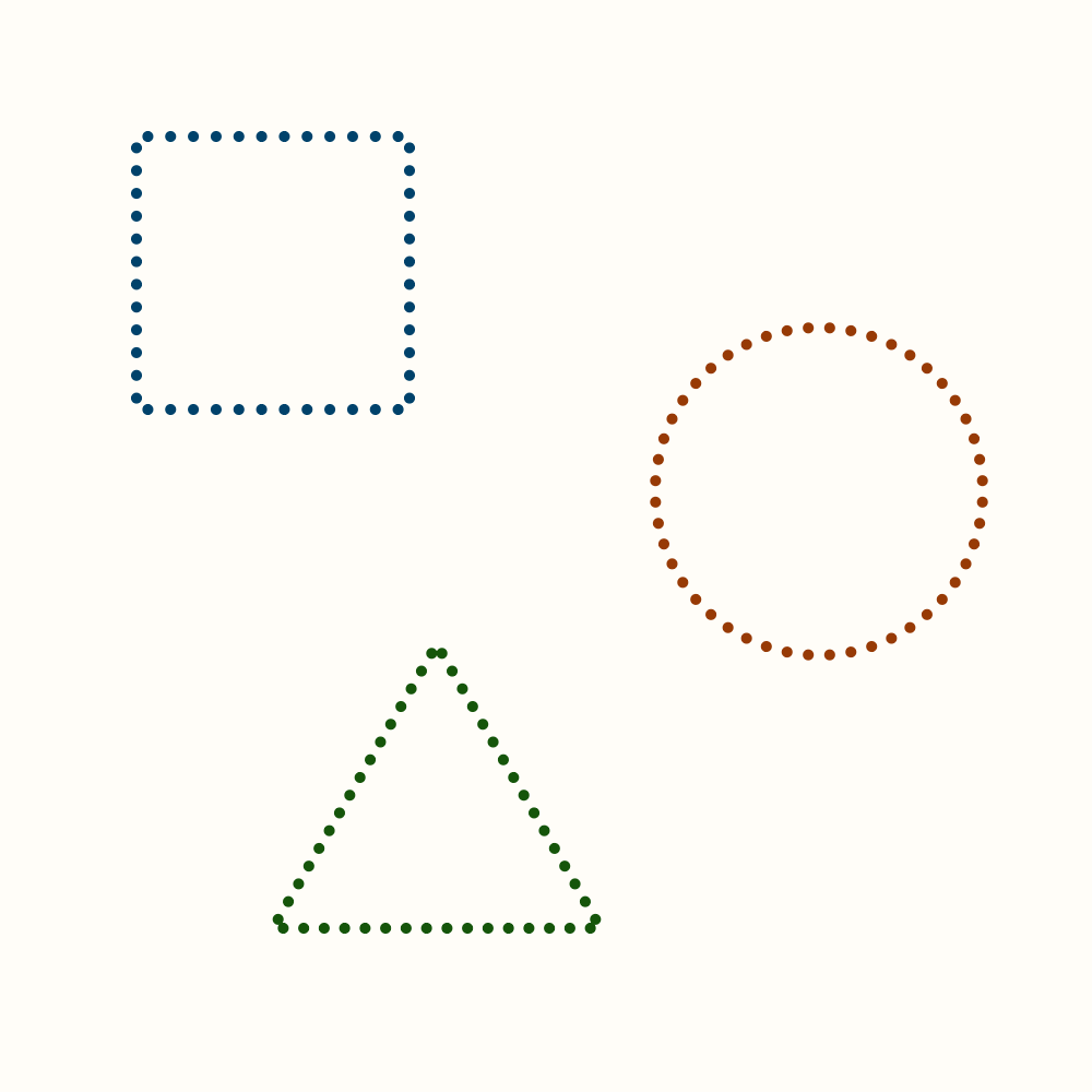 Basic scene setup we will be working with: A square, a circle, a triangle, all made up of dots.