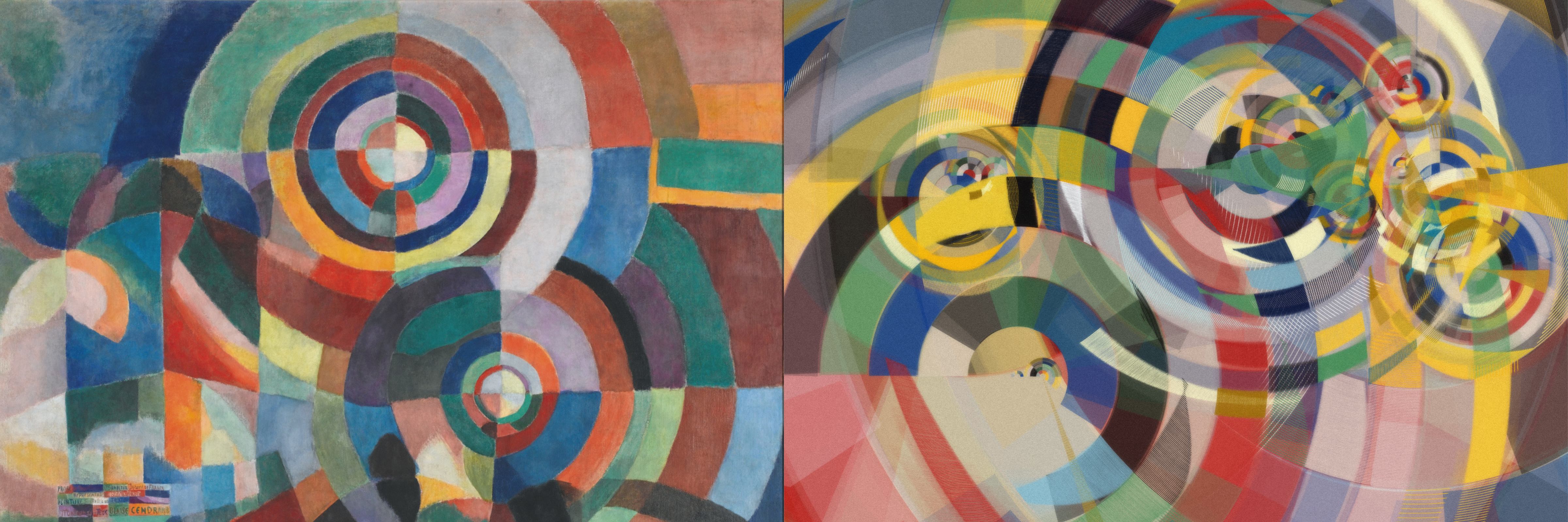 Electric Prisms, Sonia Delaunay, 1914 (cropped) AND  Entretiempos #921, Marcelo Soria-Rodríguez, 2022 (turned)