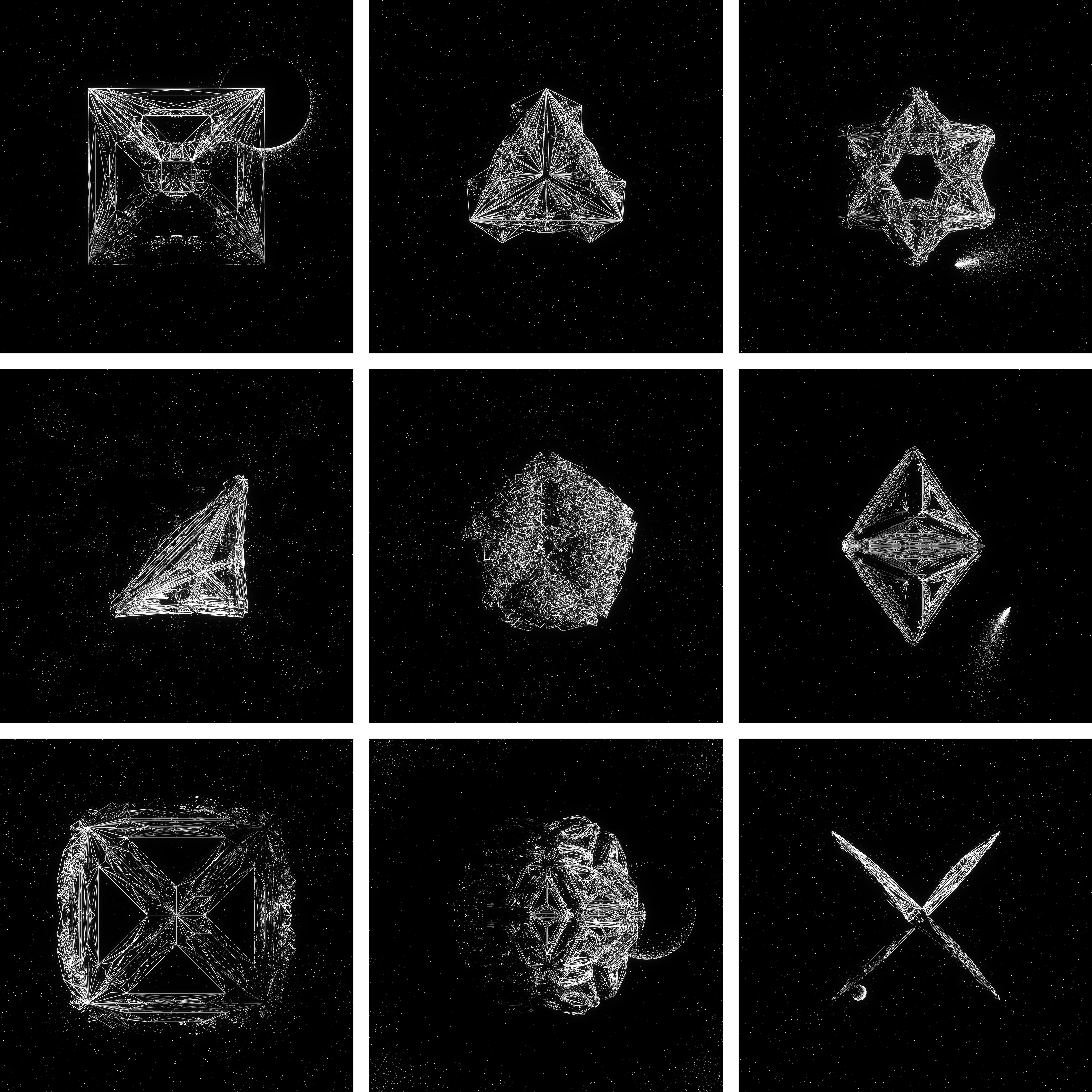 Nine different primitives: plane, triangle, star, tetrahedron, pentagon, octahedron, hexahedron, dodecahedron and station - O B S C V R V M #58, #33, #154, #305, #478, #304, #70, #311 and #308