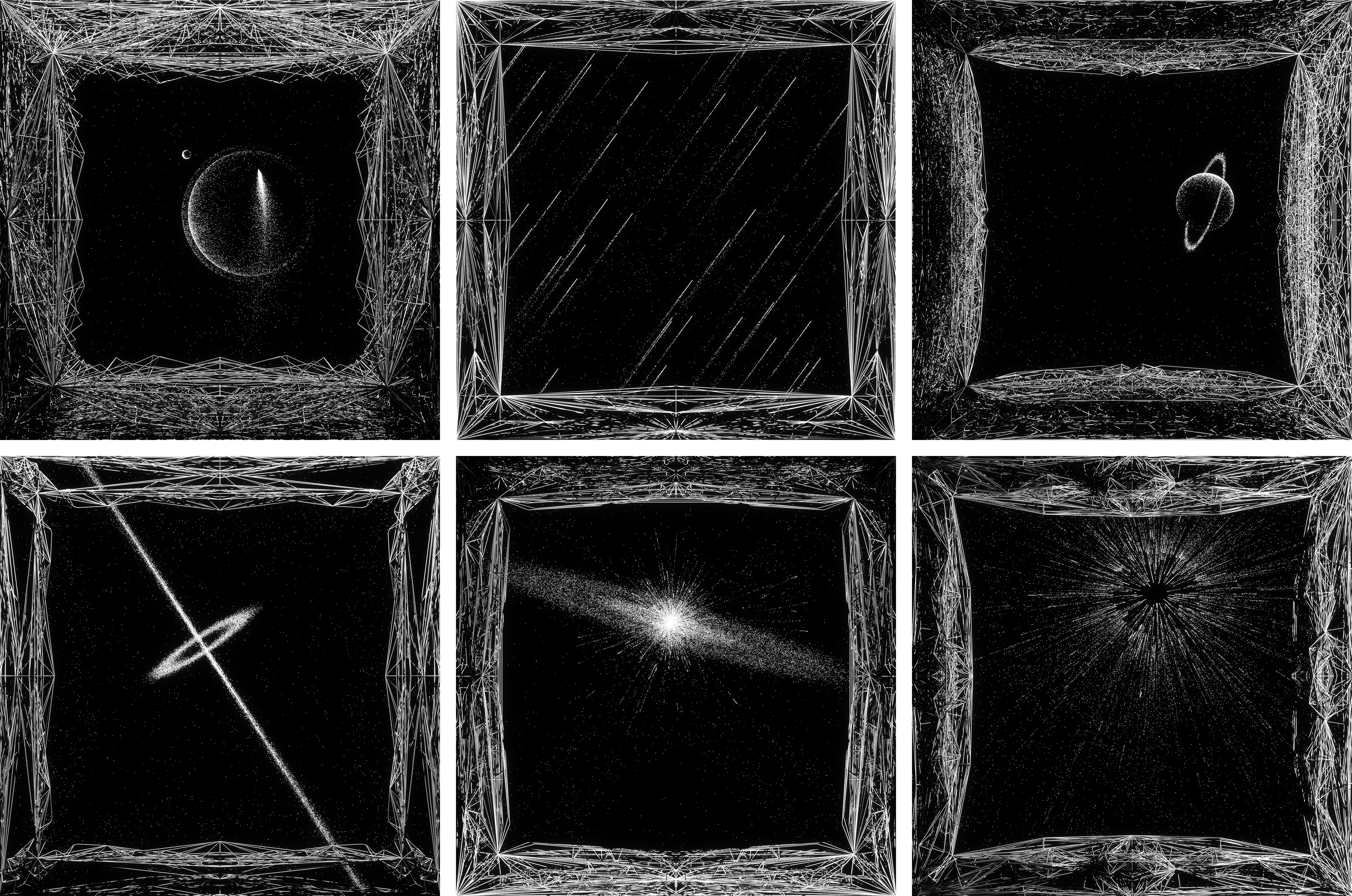 Seven out of eleven different celestials: moon, comet, meteor shower, planet, quasar, nova, rapture - O B S C V R V M #171, #390, #476, #69, #435 and #267