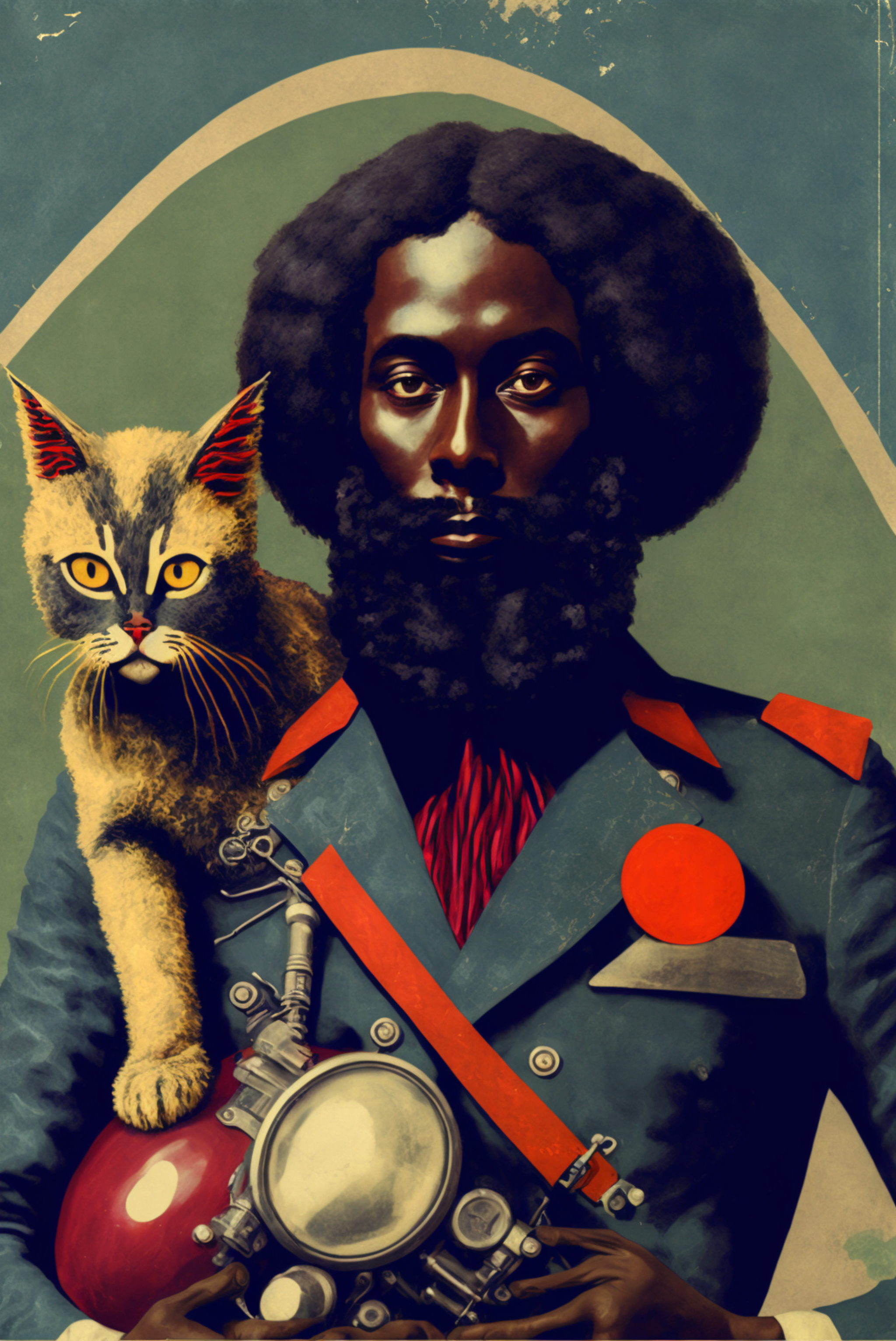 A Motorcyclist and his Cat by Robert Matheson. Ai image created using Midjourney V4.