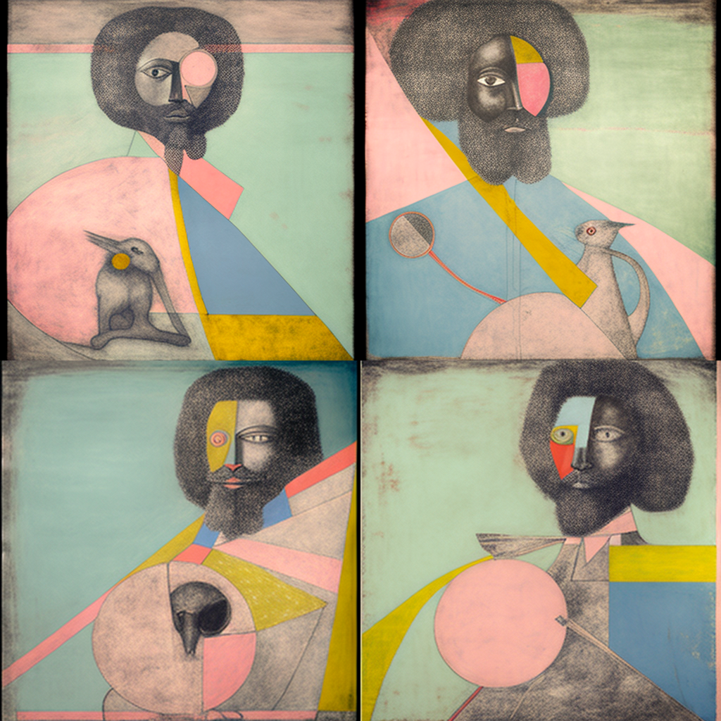 Midjourney outputs using two image prompts to generative derivative work.