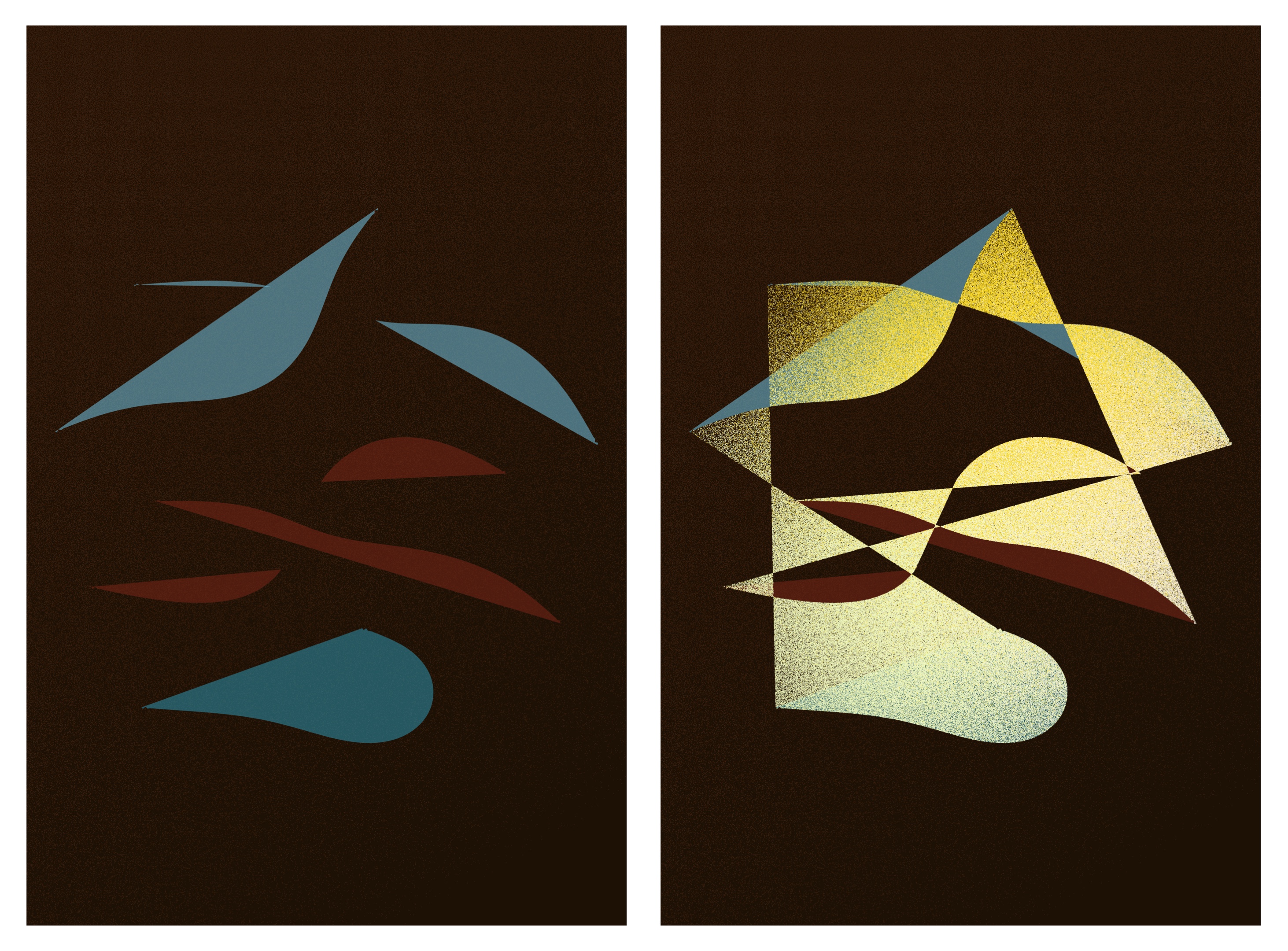Rendering stages. Left: Only the background layer and layer 1 polygons are drawn. Right: The final artwork is drawn, consisting of the background layer, layer 1 polygons rendered with solid fill, and layer 2 polygons rendered via stippling.