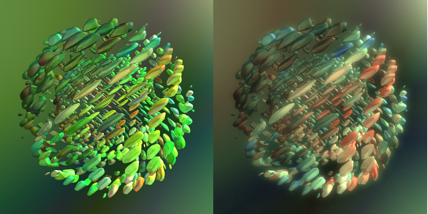 Raw fragment shader output (left) and post-processed final output (right)