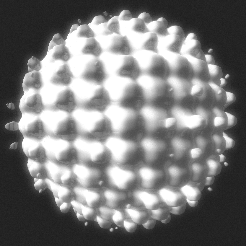A sphere with bumps made by adding the length of a sinusoidal function to the original SDF