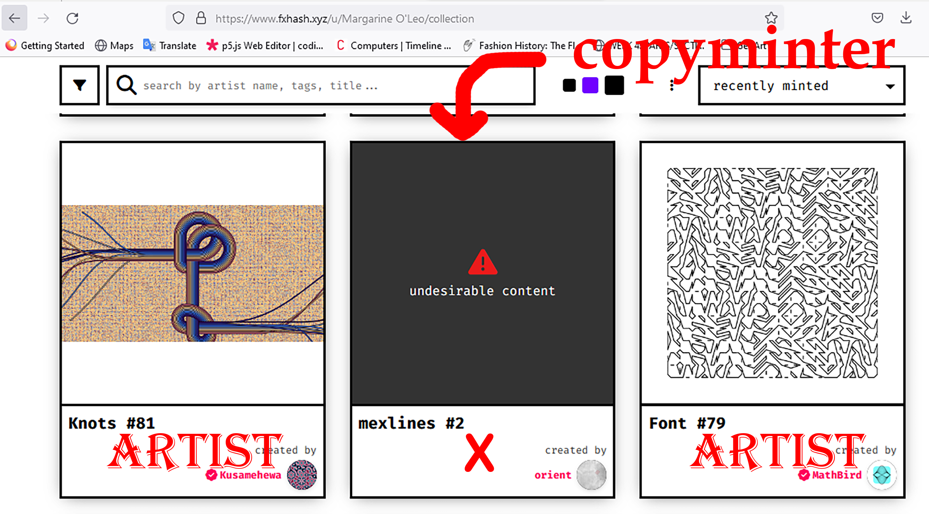 Figure 9. A couple of fx(hash) artists, and a token that was moderated. 