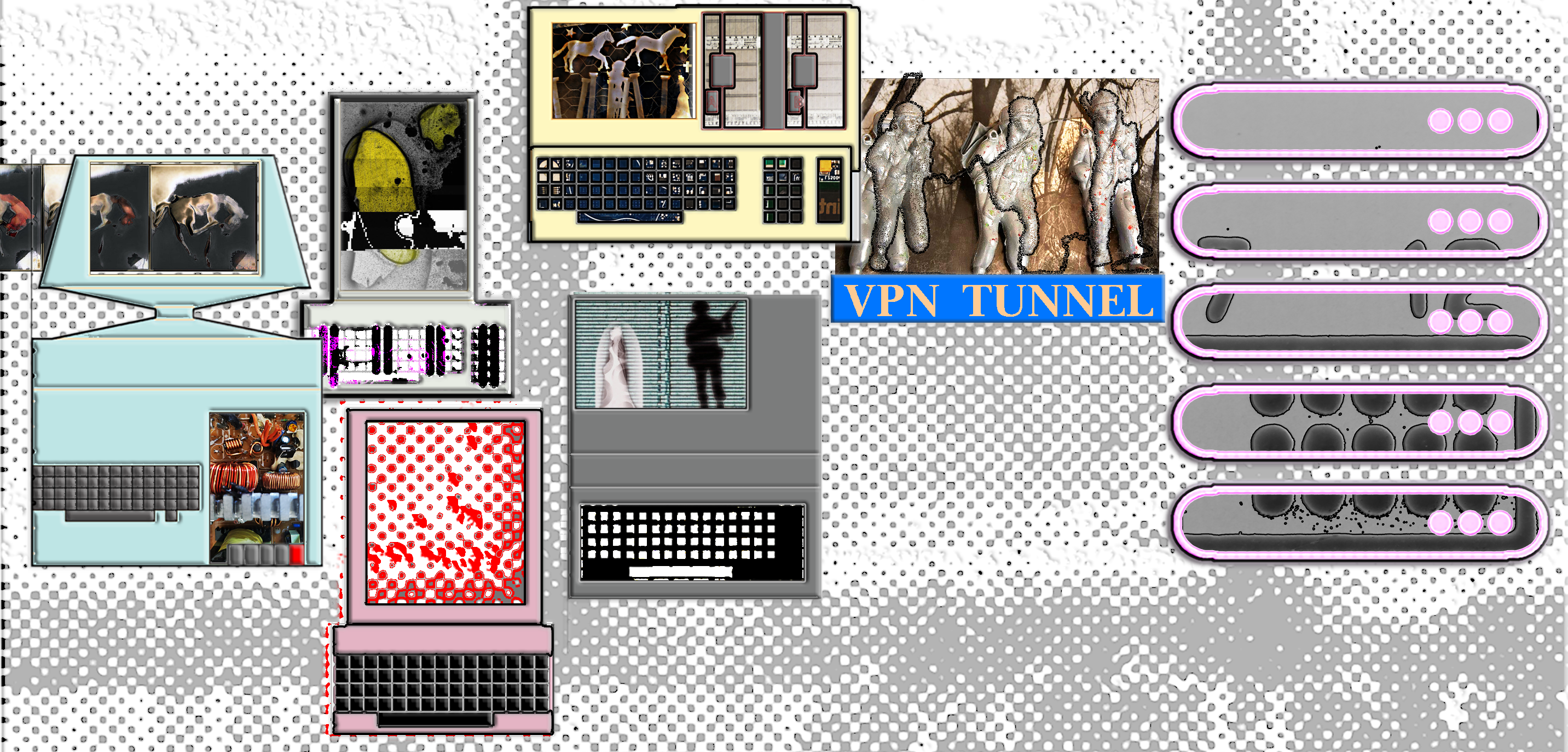 Figure 1 A Virtual Private Network can protect access to your private information while you are online. Use one every time. The computers were made in p5js and altered in Photoshop; the various images are my artwork, toy horses shot on a dissecting microscope, a micrograph shot on a field microscope, a couple of photograms, a scanning electron micrograph, a scan of a toy soldier, a mobile image, and digital SLR images. Alt Text: halftone dots background in grayscale with 5 pastel 1980s desktop computers with various drawings on their screens, horses, a horror face, and a bride and soldier, a VPN Tunnel sign under toy soldiers.