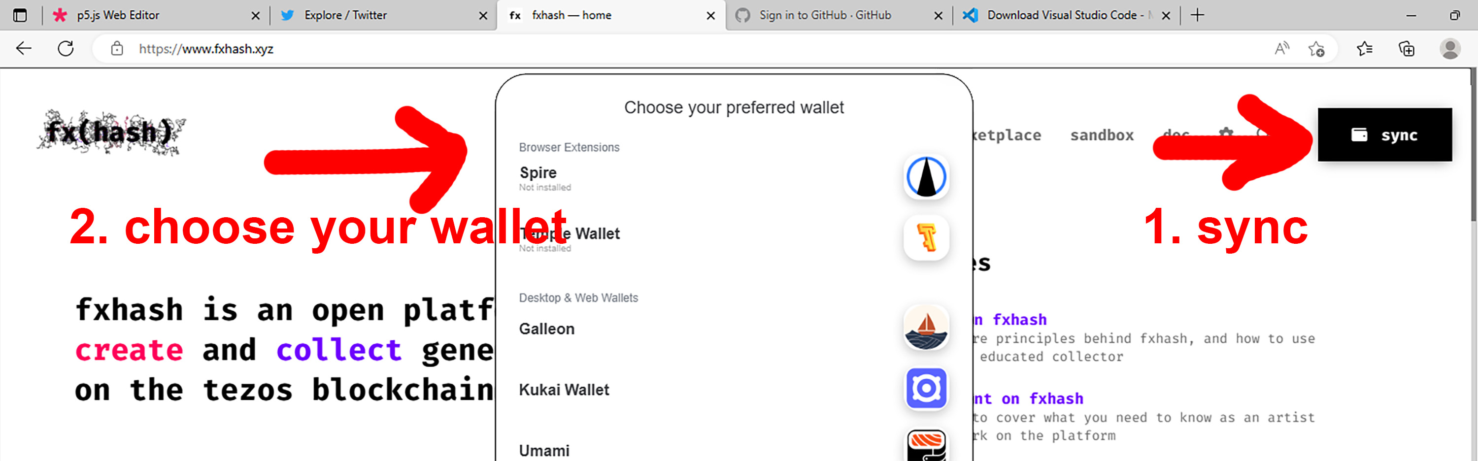 Figure 3. The fx(hash) platform where you will  sync your Tezos wallet (see right and middle) in order to both publish tokens  for collectors to buy and collect tokens created by other artists. 