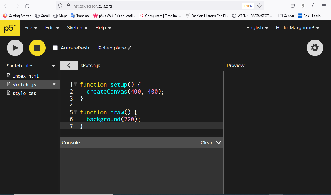 Figure 4. The p5js editor opens to a file with some existing code, and is given a two word randomly generated name: Pollen place.